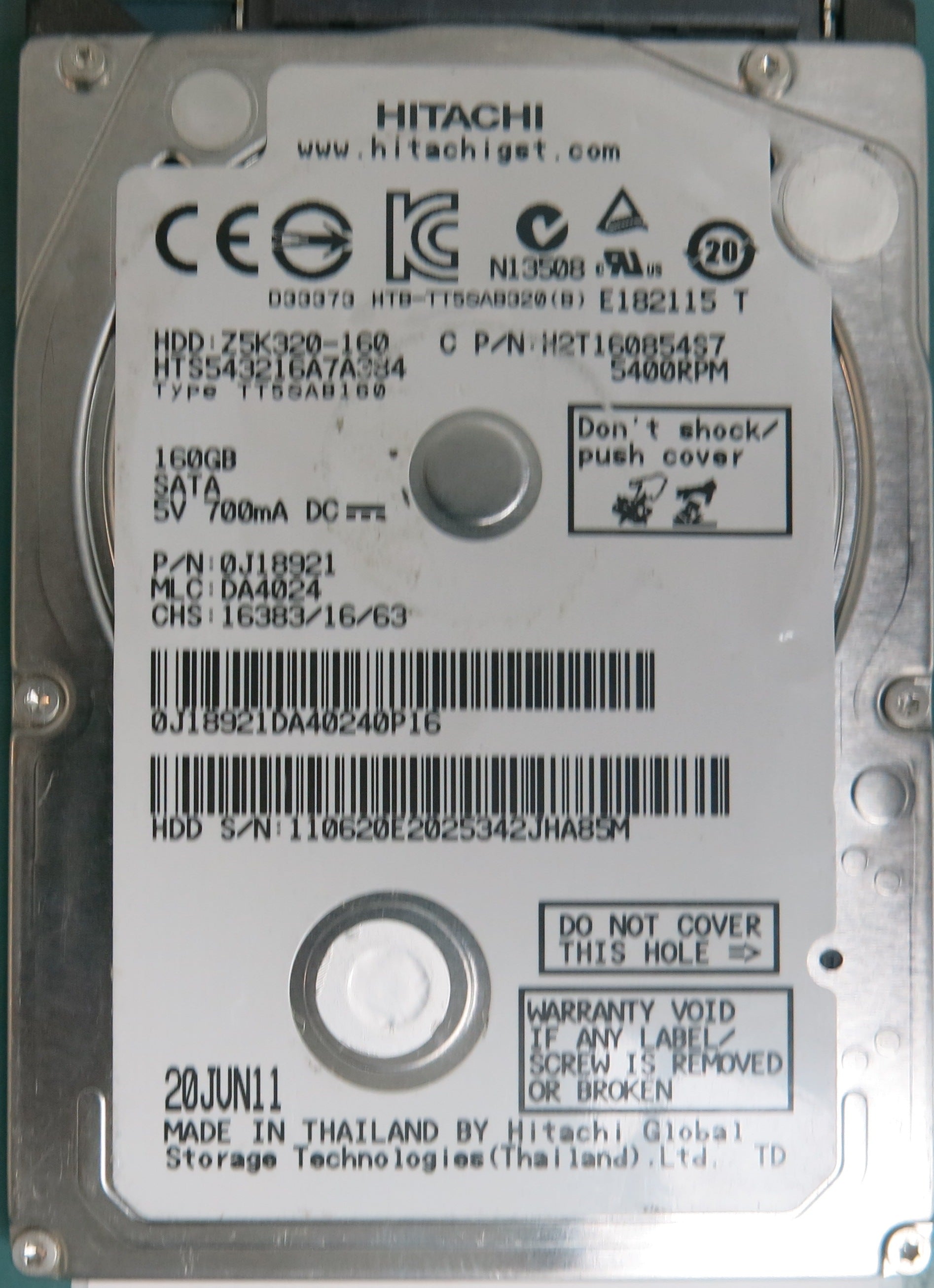 HTS543216A7A384, P/N: 0J18921, MLC: DA4024, 160GB 2.5