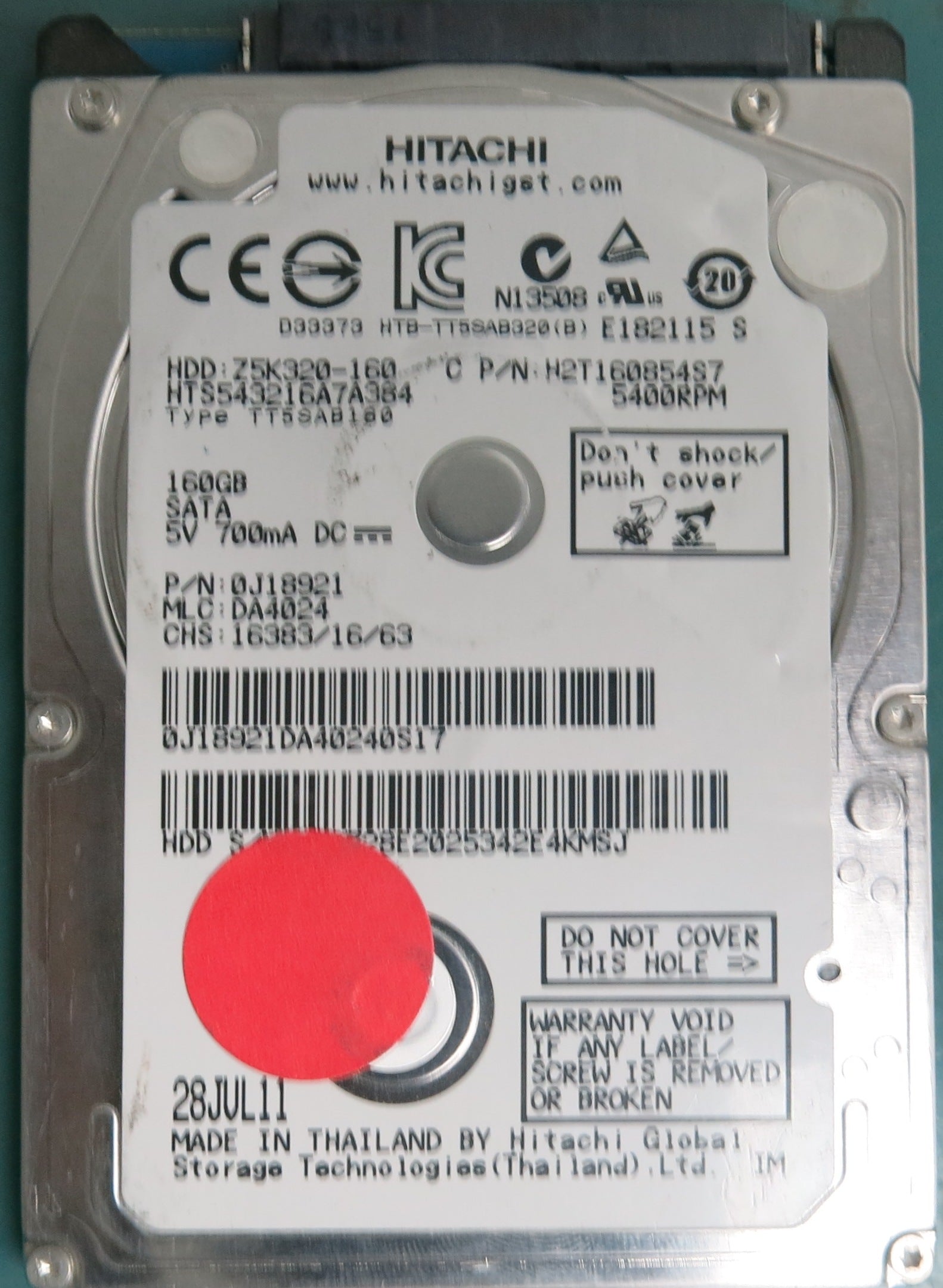 HTS543216A7A384, P/N: 0J18921, MLC: DA4024, 160GB 2.5
