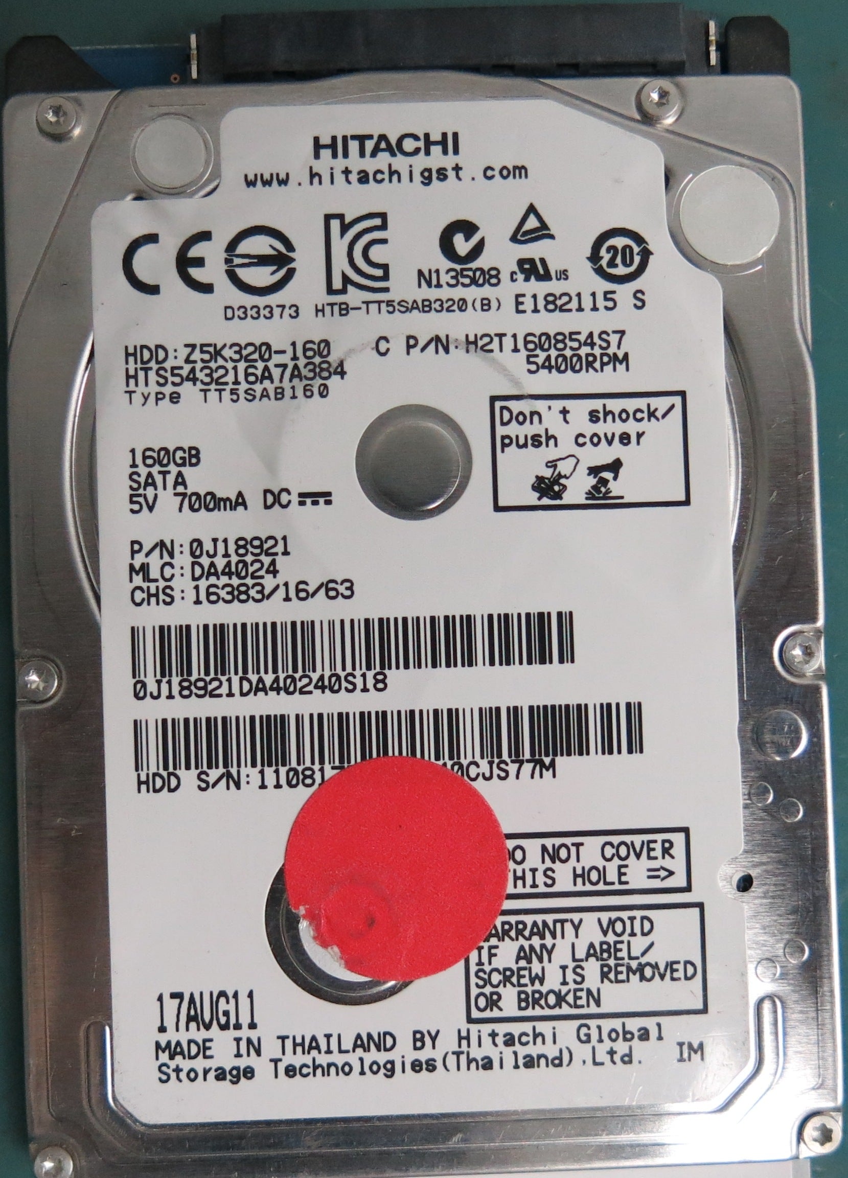 HTS543216A7A384, P/N: 0J18921, MLC: DA4024, 160GB 2.5