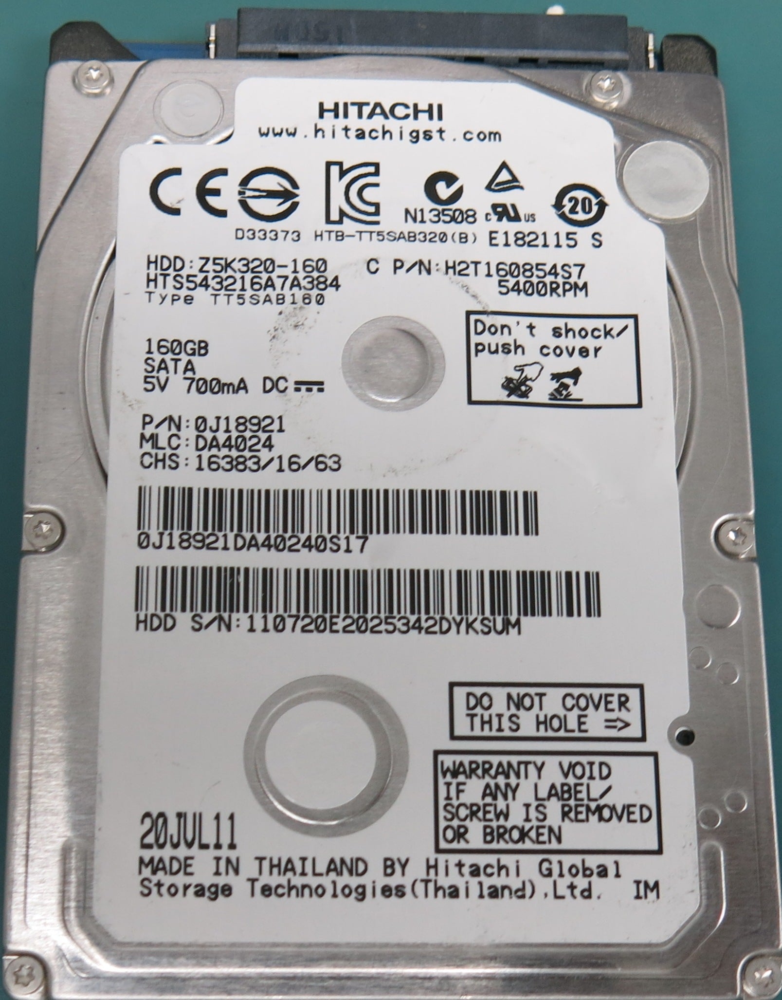 HTS543216A7A384, P/N: 0J18921, MLC:  DA4024, 160GB 2.5