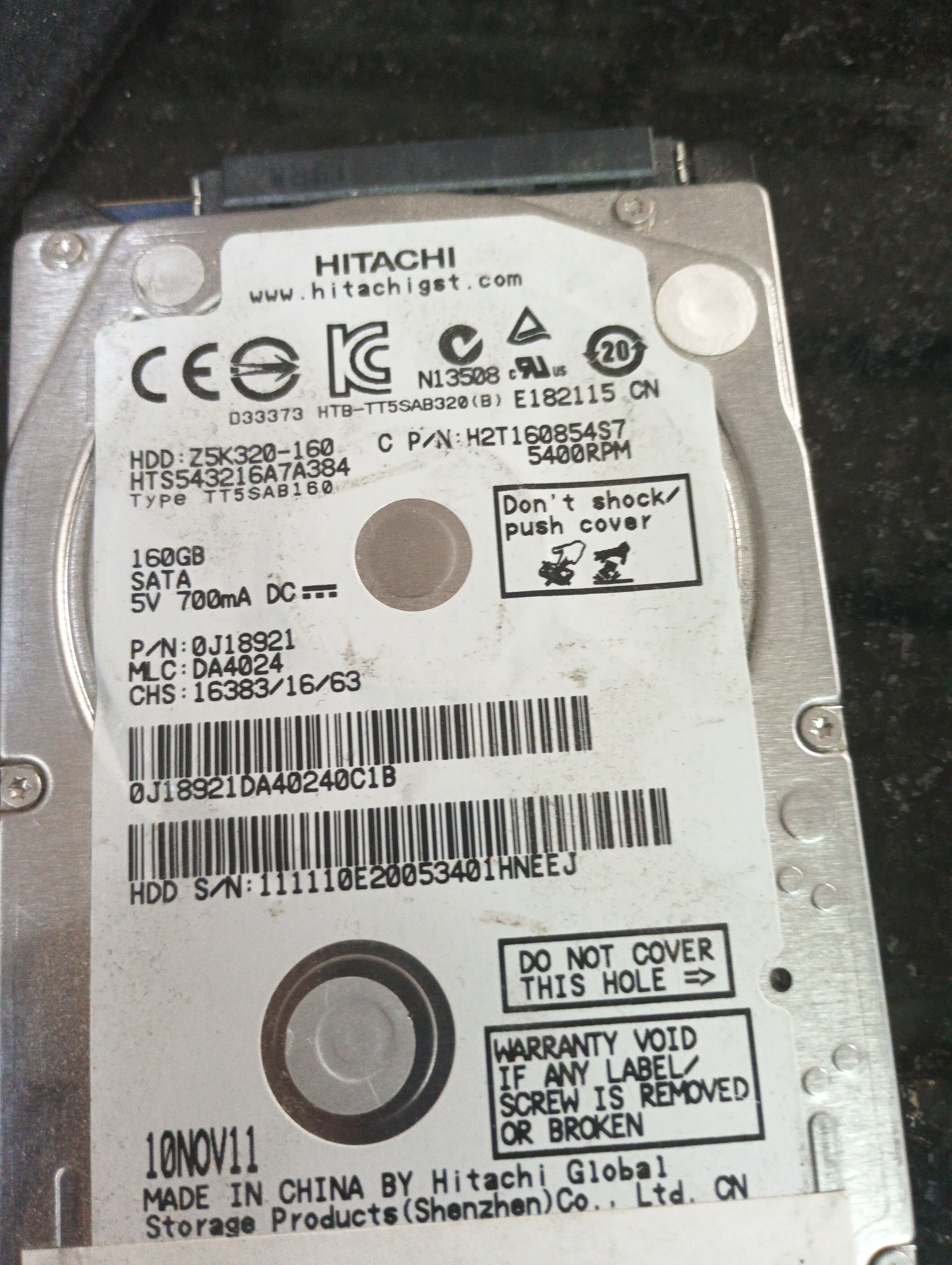 HTS543216A7A384,  P/N: 0J18921,  MLC: DA4024,  Serial: 111110E20053401HNEEJ,  160GB 3.5,  PCB :220 0A90269 01,