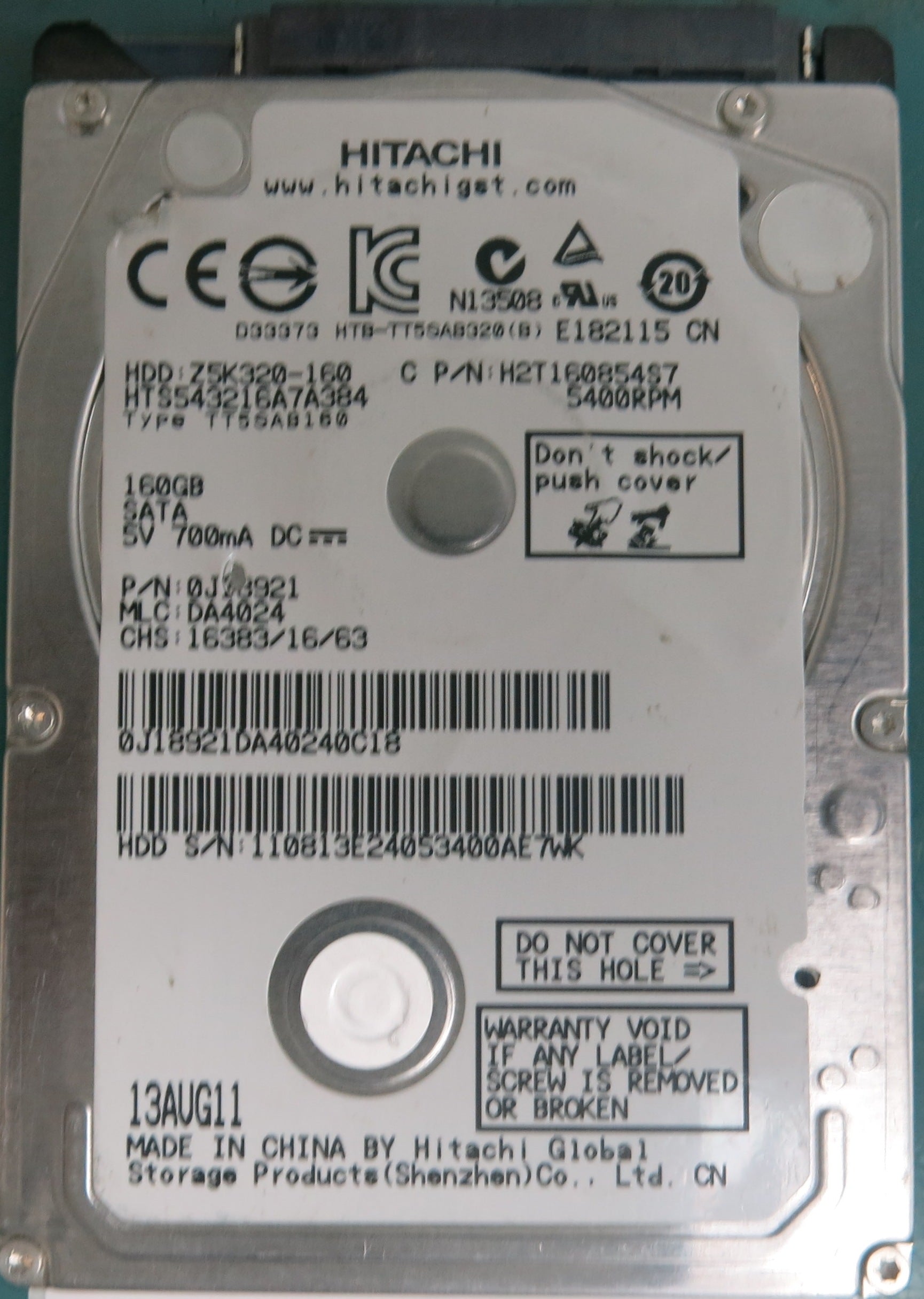 HTS543216A7A384, P/N: 0J28921, MLC: DA4024, 160GB 2.5