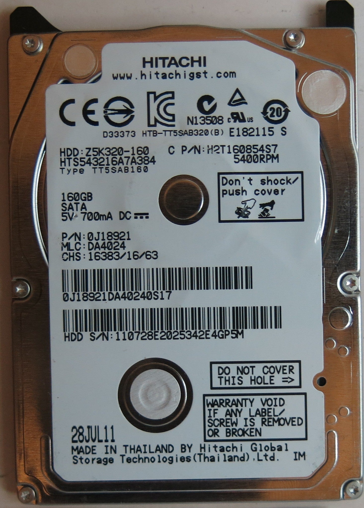HTS543216A7A384, PN 0J18921, MLC DA4024, 220 0A90269 01 PCB