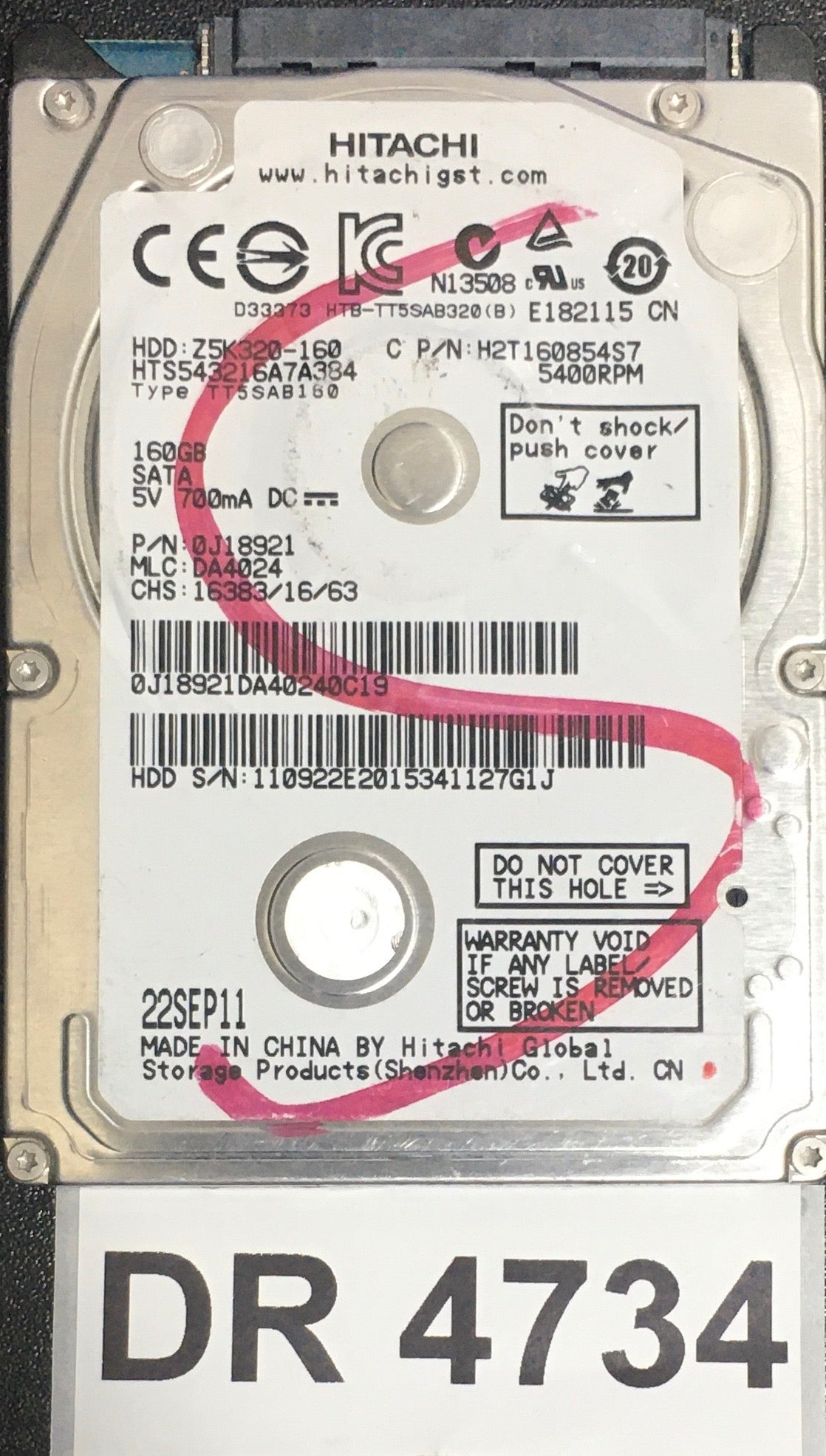 HTS543216A7A384,  Serial: 110922E2015341127G1J,  GB 2.5,  PCB : 220 0A90269 01,