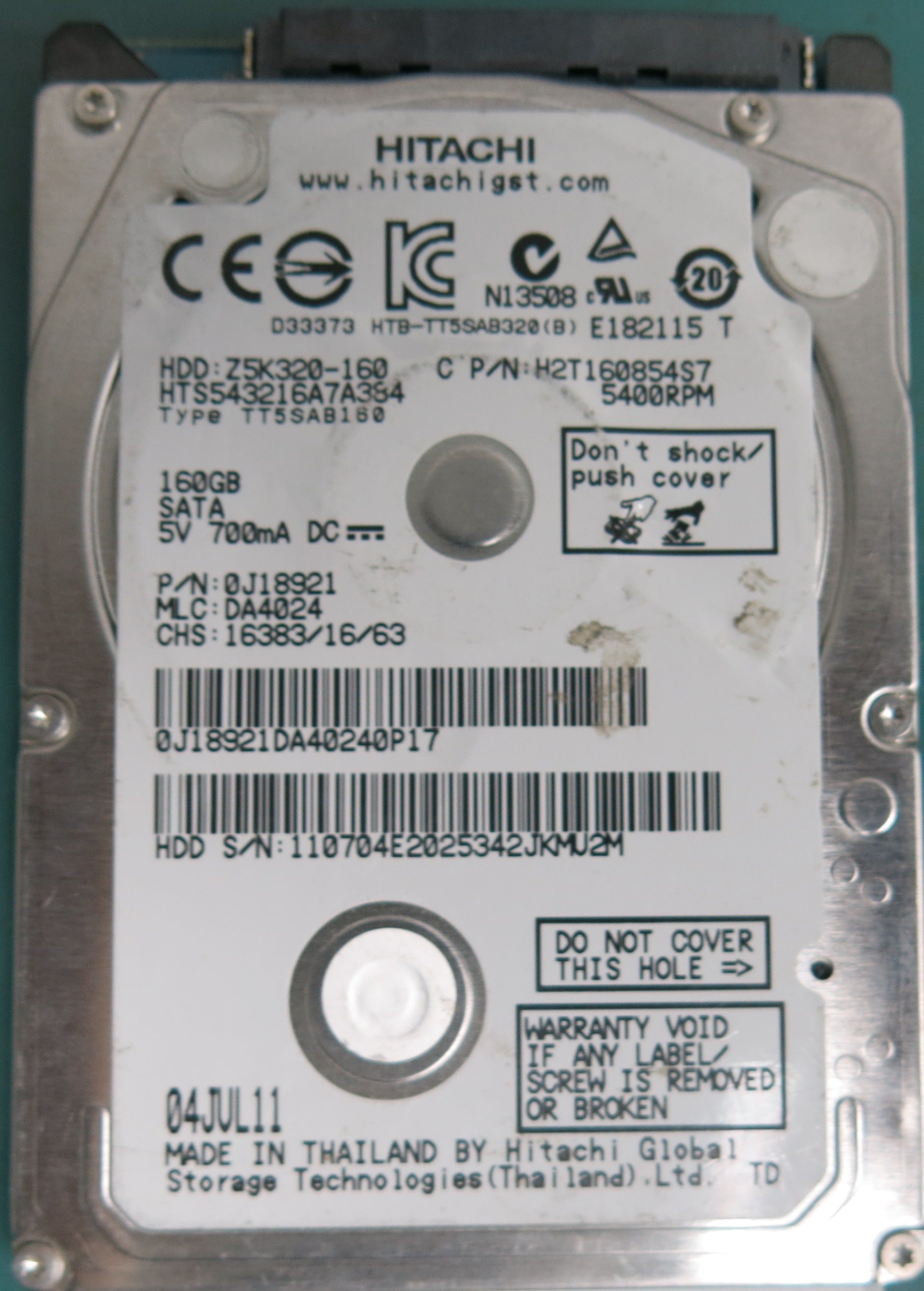 HTS543216A7A384, Serial Number: 110704E2025342JKMV2M, P/N: 0J18921, MLC: DA4024, 160GB 2.5, PCB: 220 0A90269 01