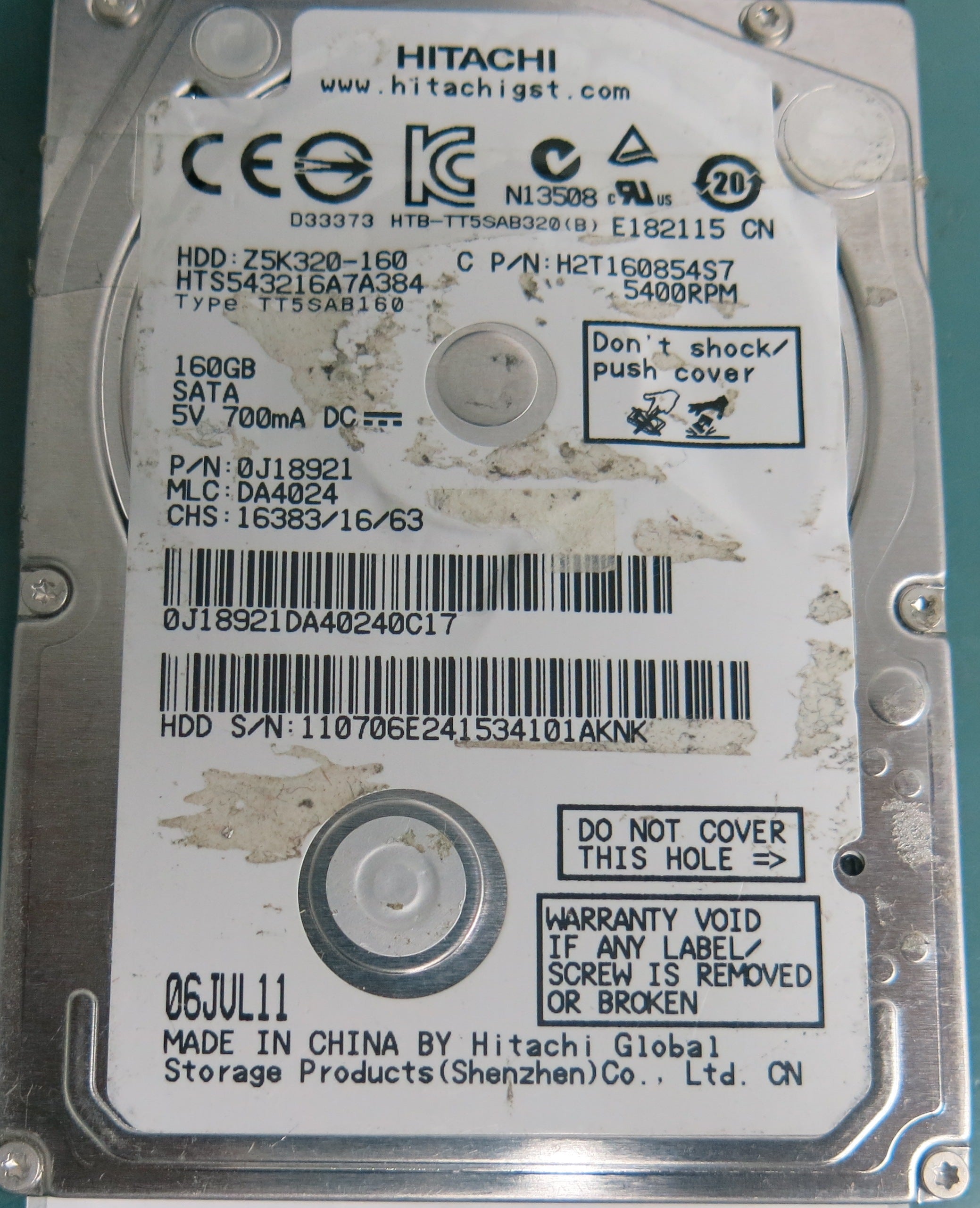 HTS543216A7A384, Serial Number: 110706E241534101AKNK, P/N: 0J18921, MLC: DA4024, 160GB 3.5, PCB: 220 0A90269 01