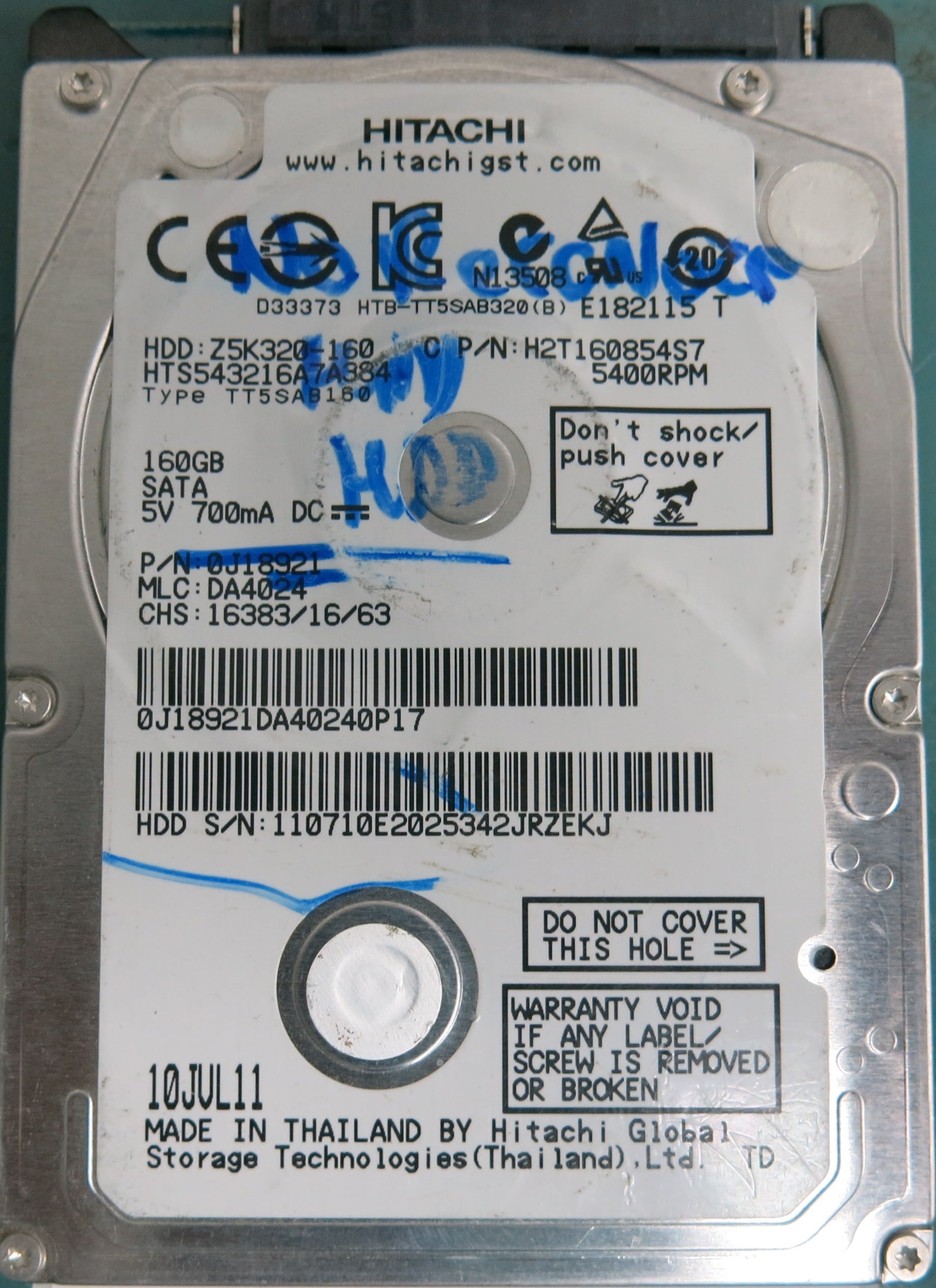 HTS543216A7A384, Serial Number: 110710E2025342JRZEKJ, P/N: 0J18921, MLC: DA4024, 160GB 2.5