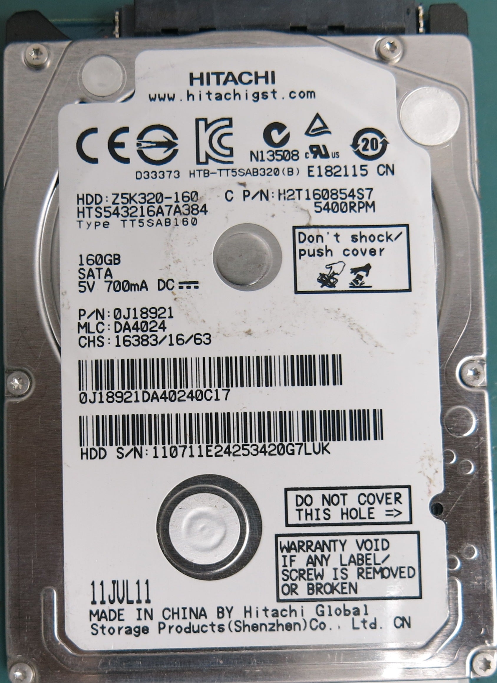 HTS543216A7A384, Serial Number: 110711E24253420G7LVK, P/N: 0J18921, MLC: DA4024, 160GB 2.5