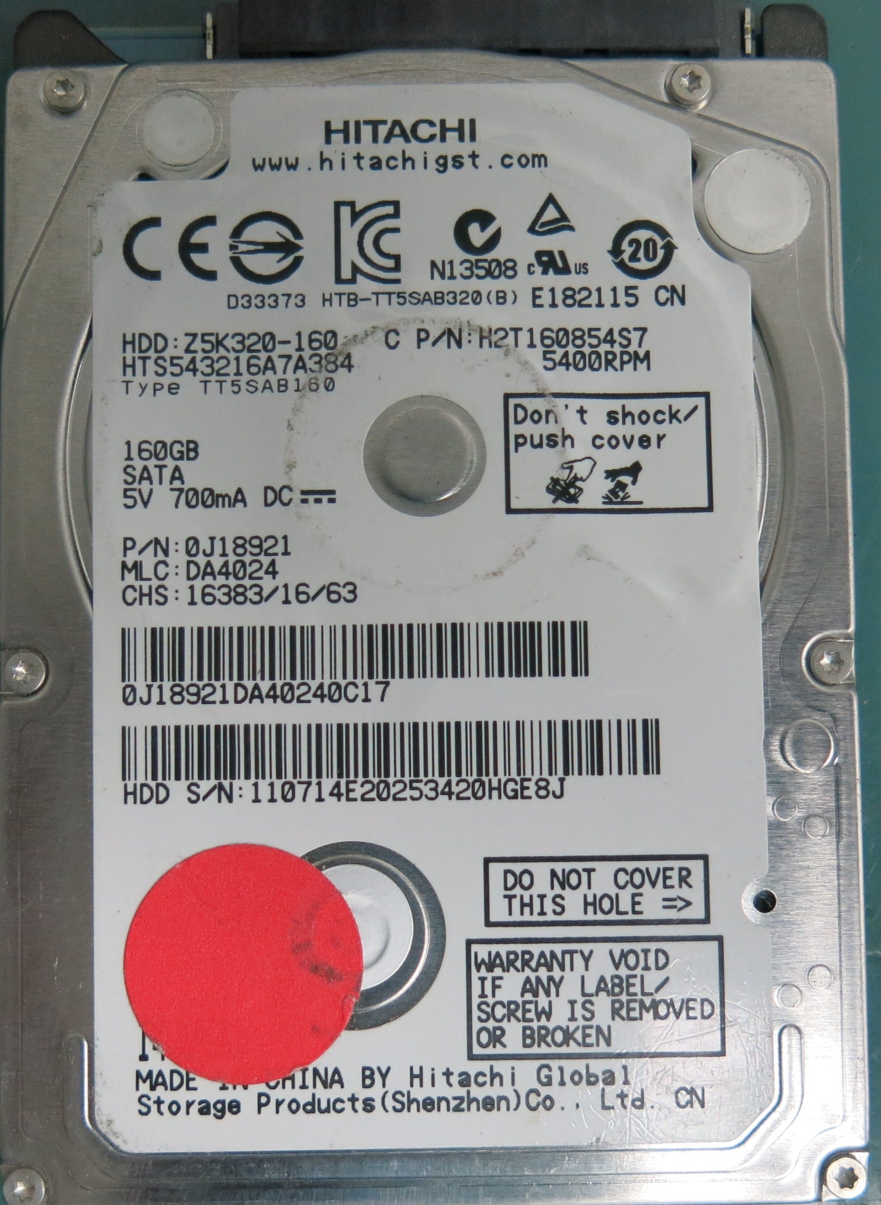 HTS543216A7A384, Serial Number: 110714E20253420HGE8J, P/N: 0J18921, MLC: DA4024, 160GB 2.5