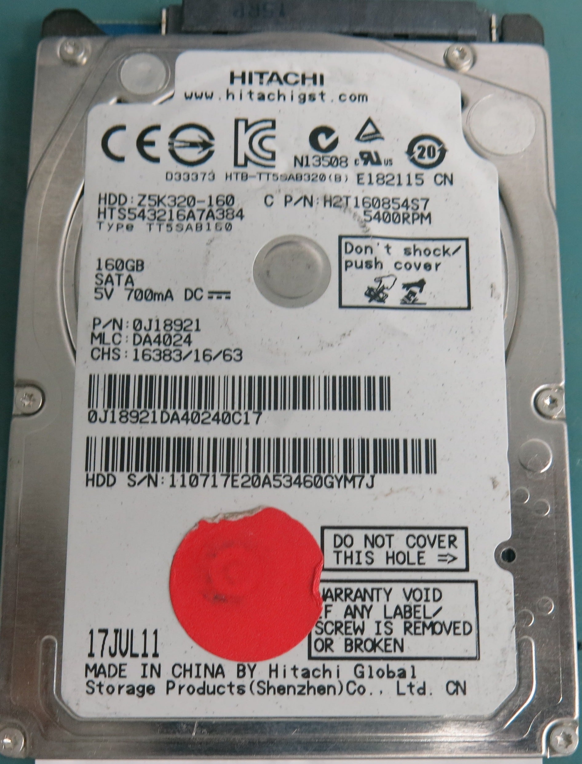HTS543216A7A384, Serial Number: 110717E20A53460GYM7J, P/N: 0J18921, MLC: DA4024, 160GB 2.5