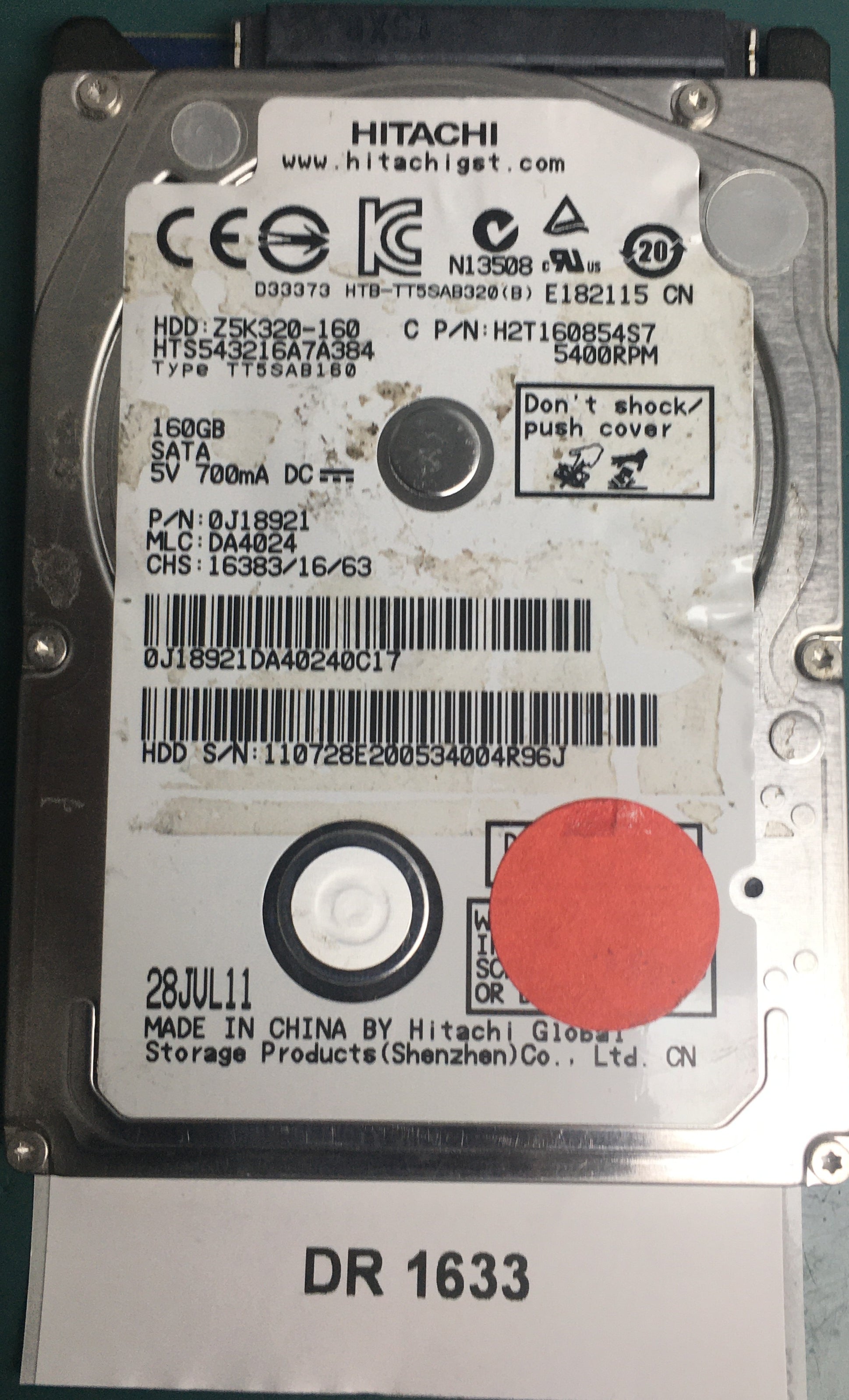 HTS543216A7A384, Serial Number: 110728E200534004R96J, P/N: 0J18921, MLC: DA4024, 160GB 2.5, PCB: 220 DA90269 01