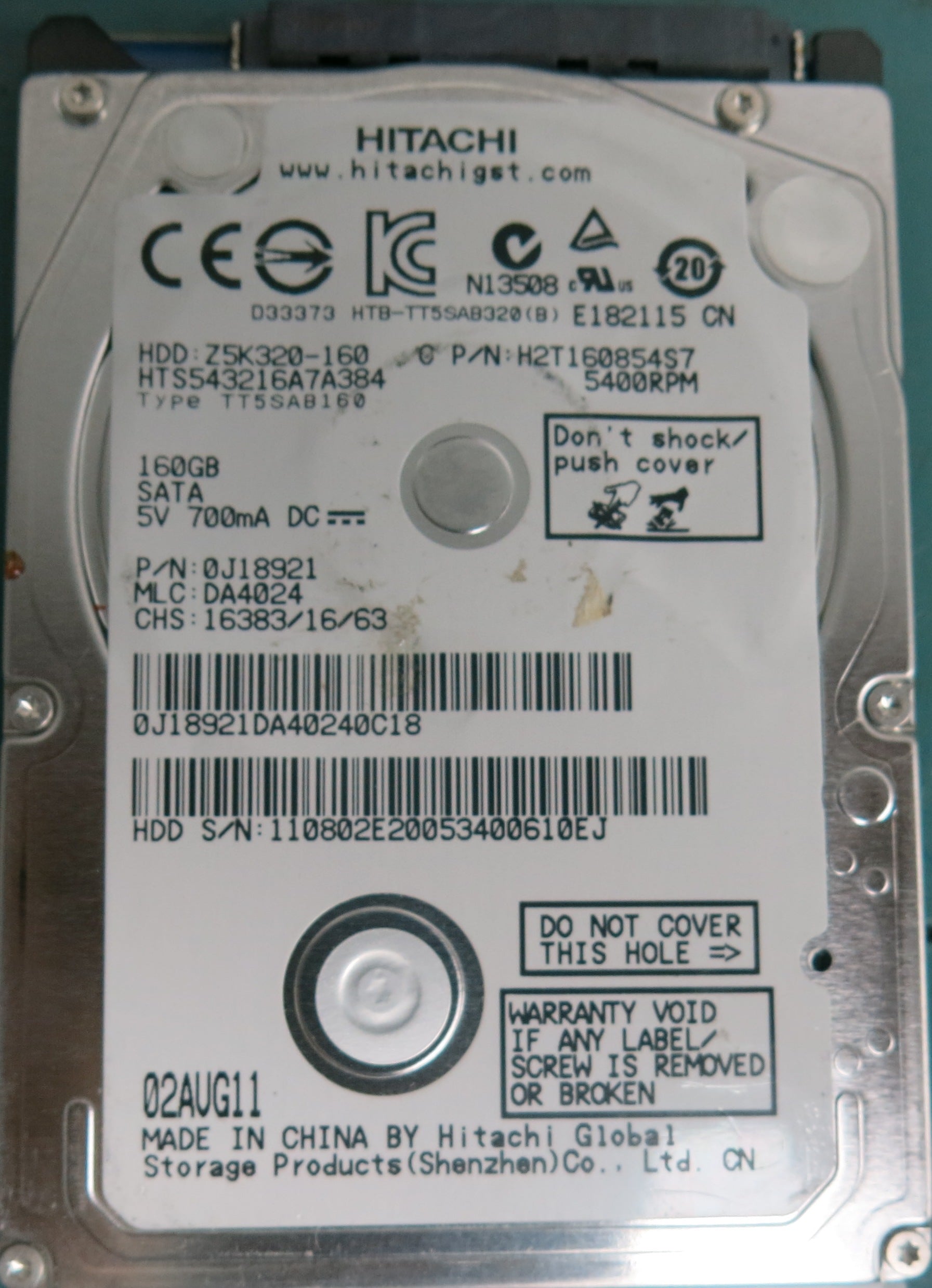 HTS543216A7A384, Serial Number: 110802E20053400610EJ, P/N: 0JI8921, MLC: DA4024, 160GB 2.5