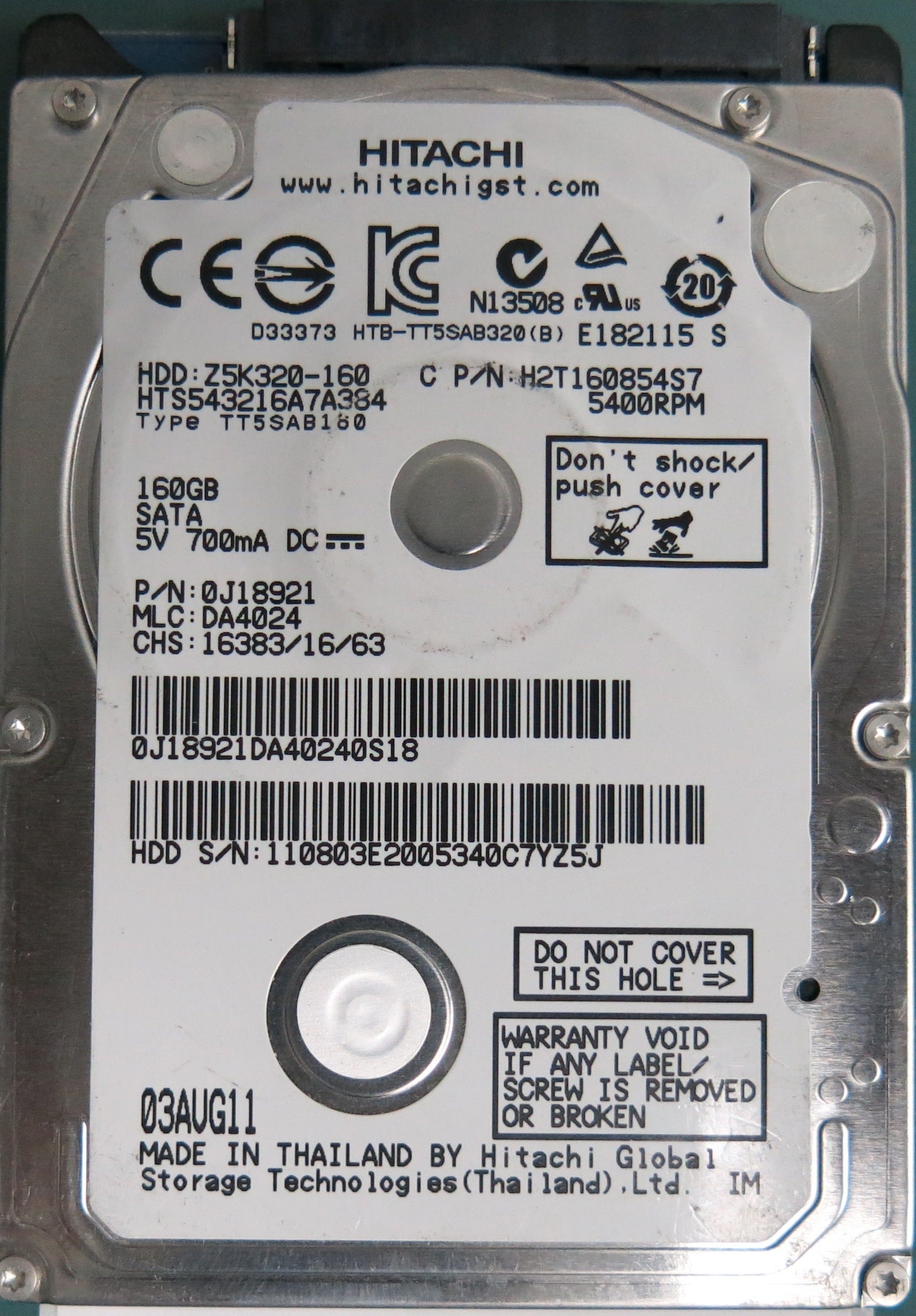 HTS543216A7A384, Serial Number: 110803E2005340C7YZ5J, P/N: 0J18921, MLC: DA4024, 160GB 2.5, PCB: 220 0A90269 01