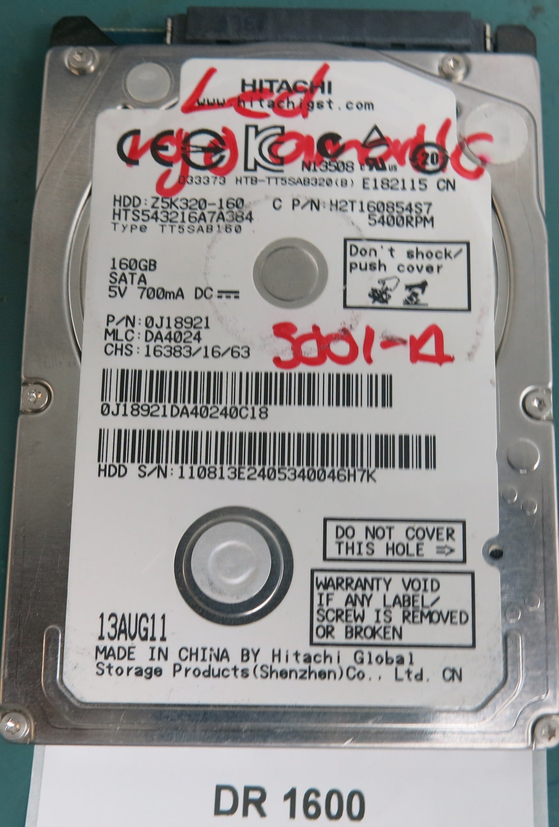 HTS543216A7A384, Serial Number: 110813E2405340046H7K, P/N: 0J18921, MLC: DA4024, 160GB 3.5