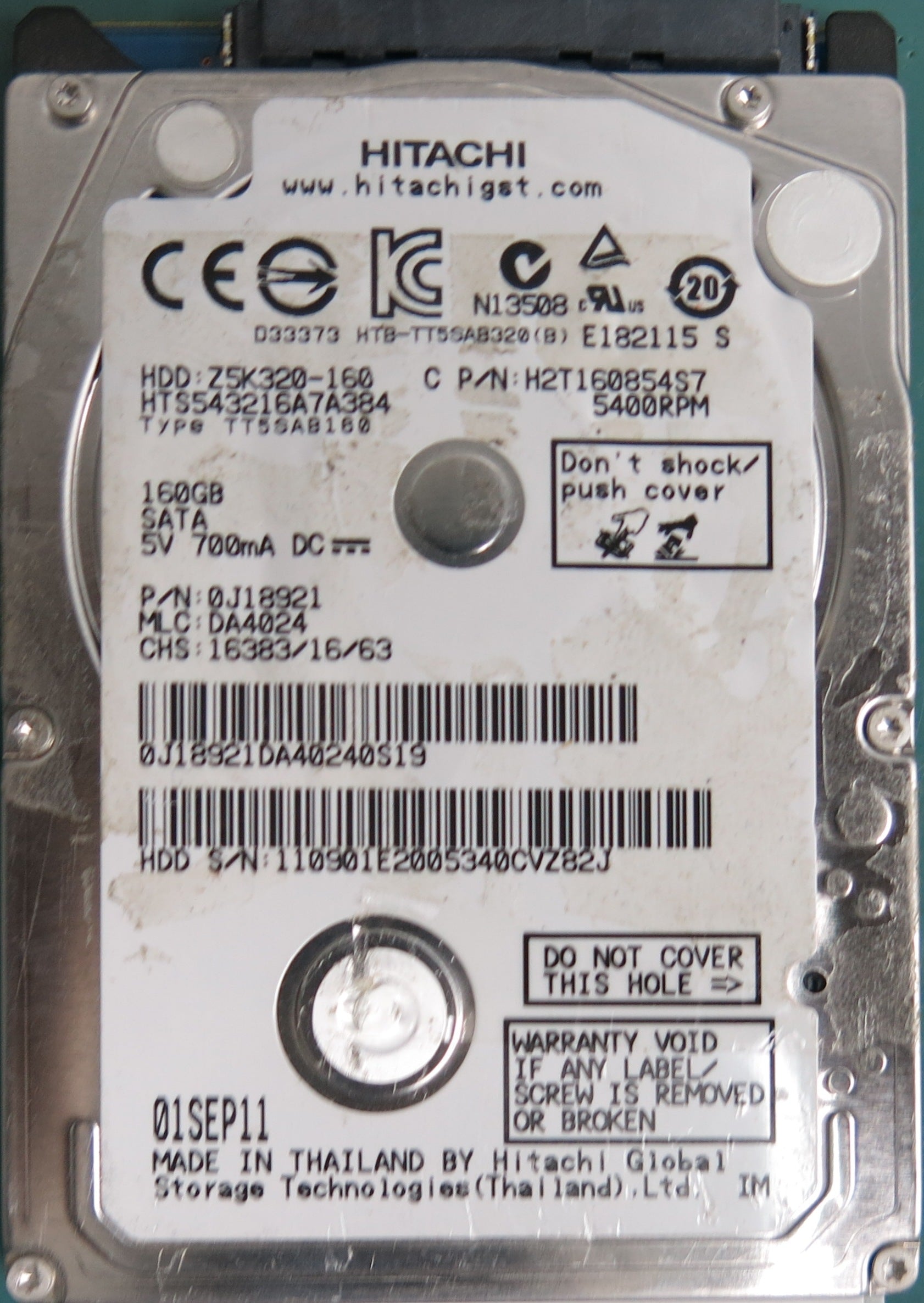 HTS543216A7A384, Serial Number: 110901E2005340CVZ82J, P/N: 0J18921, MLC: DA4024, 160GB 2.5