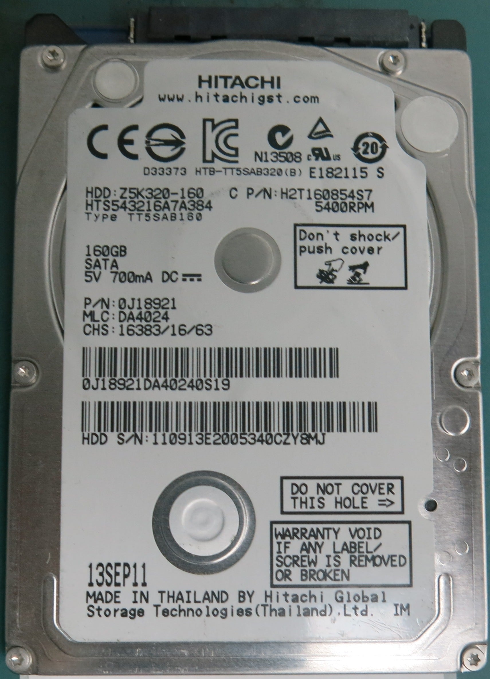 HTS543216A7A384, Serial Number: 110913E2005340CZY8MJ, P/N: 0J18921, MLC: DA4024, 160GB 2.5