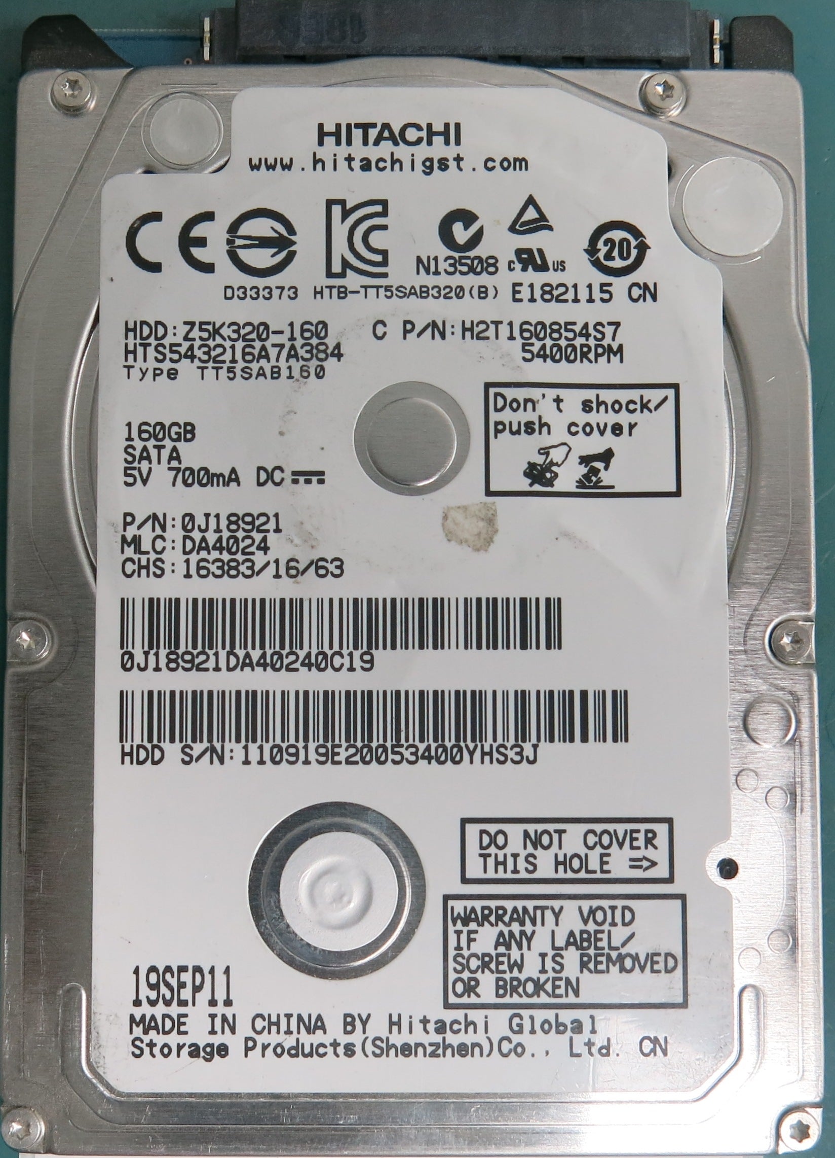 HTS543216A7A384, Serial Number: 110919E20053400YHS3J, P/N: 0J18921, MLC: DA4024, 160GB 2.5, PCB: 220 0A90269 01