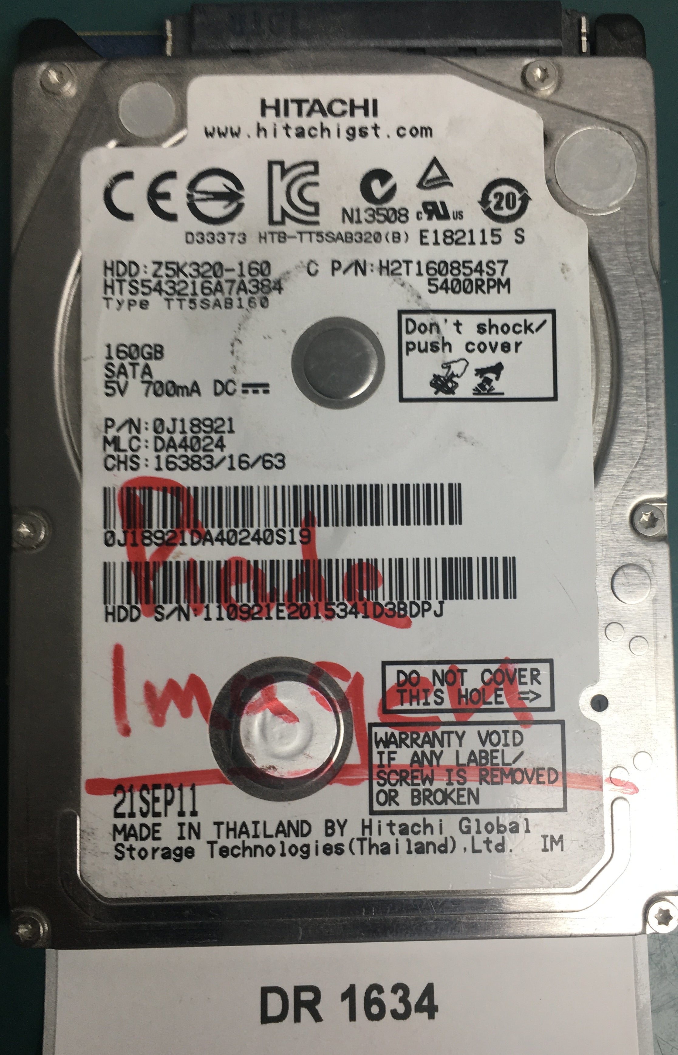 HTS543216A7A384, Serial Number: 110921E2015341D3BDPJ, P/N: 0J18921, MLC: DA4024, 160GB 2.5, PCB: 220 0A90269 01