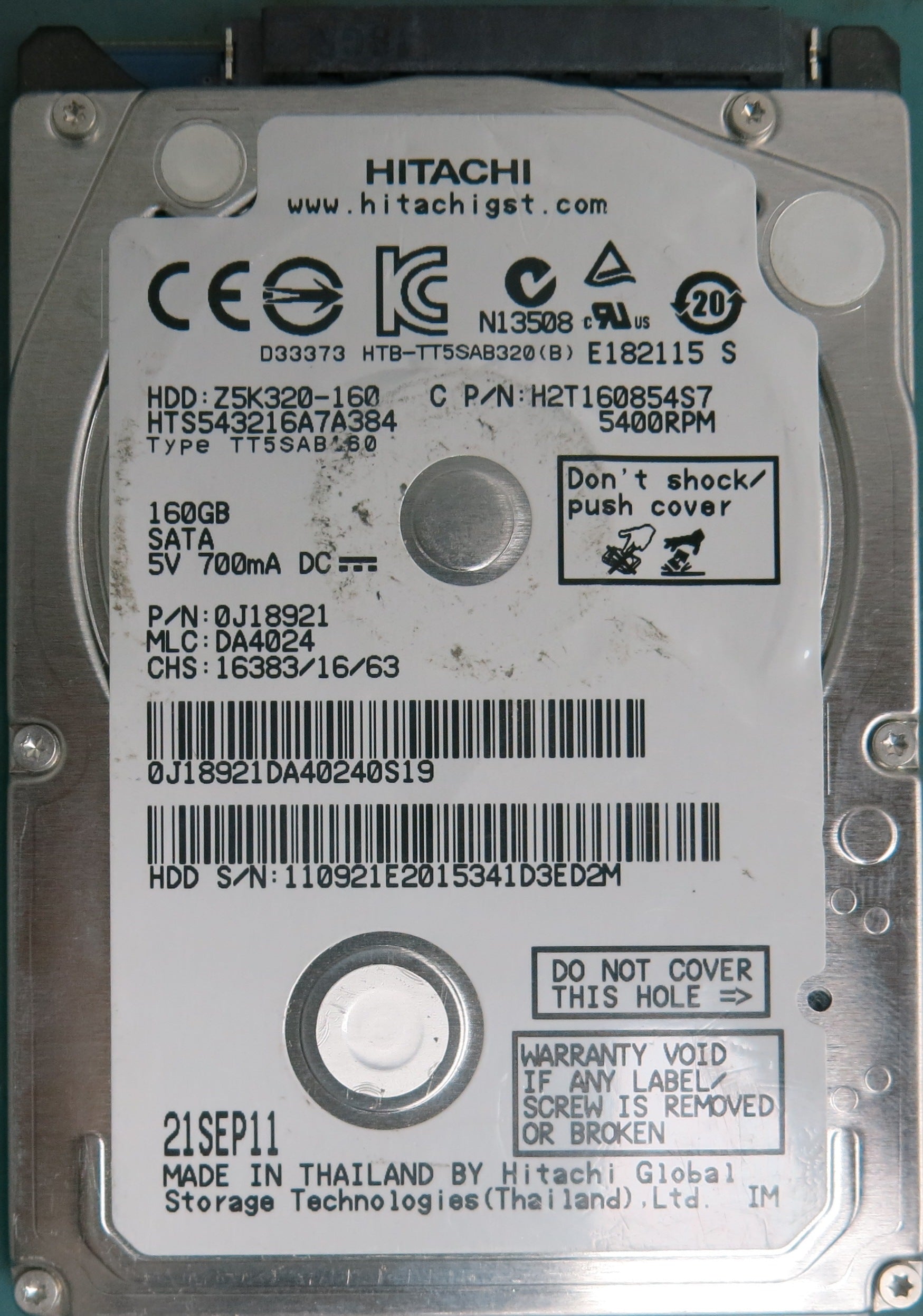 HTS543216A7A384, Serial Number: 110921E2015341D3ED2M, P/N: 0J18921, MLC: DA4024, 160GB 2.5