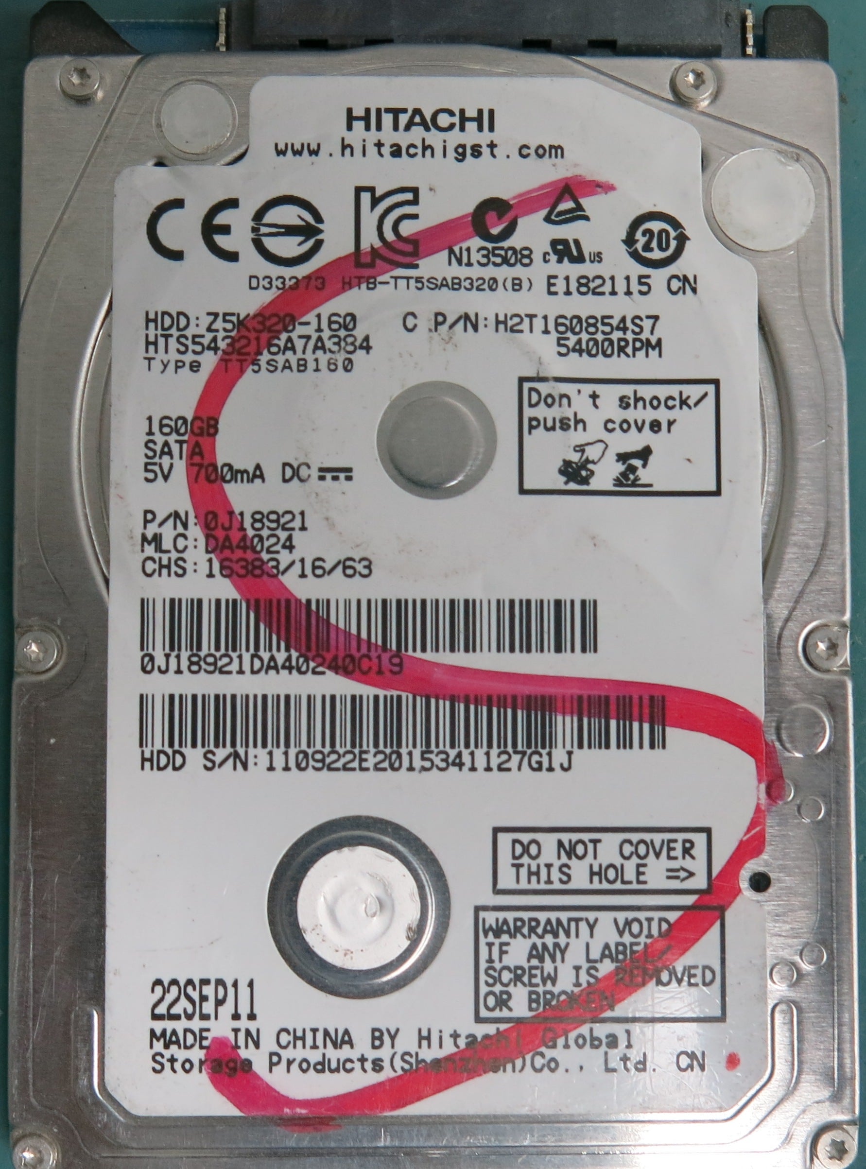 HTS543216A7A384, Serial Number: 110922E2015341127G1J, P/N: 0J18921, MLC: DA4024, 160GB 2.5