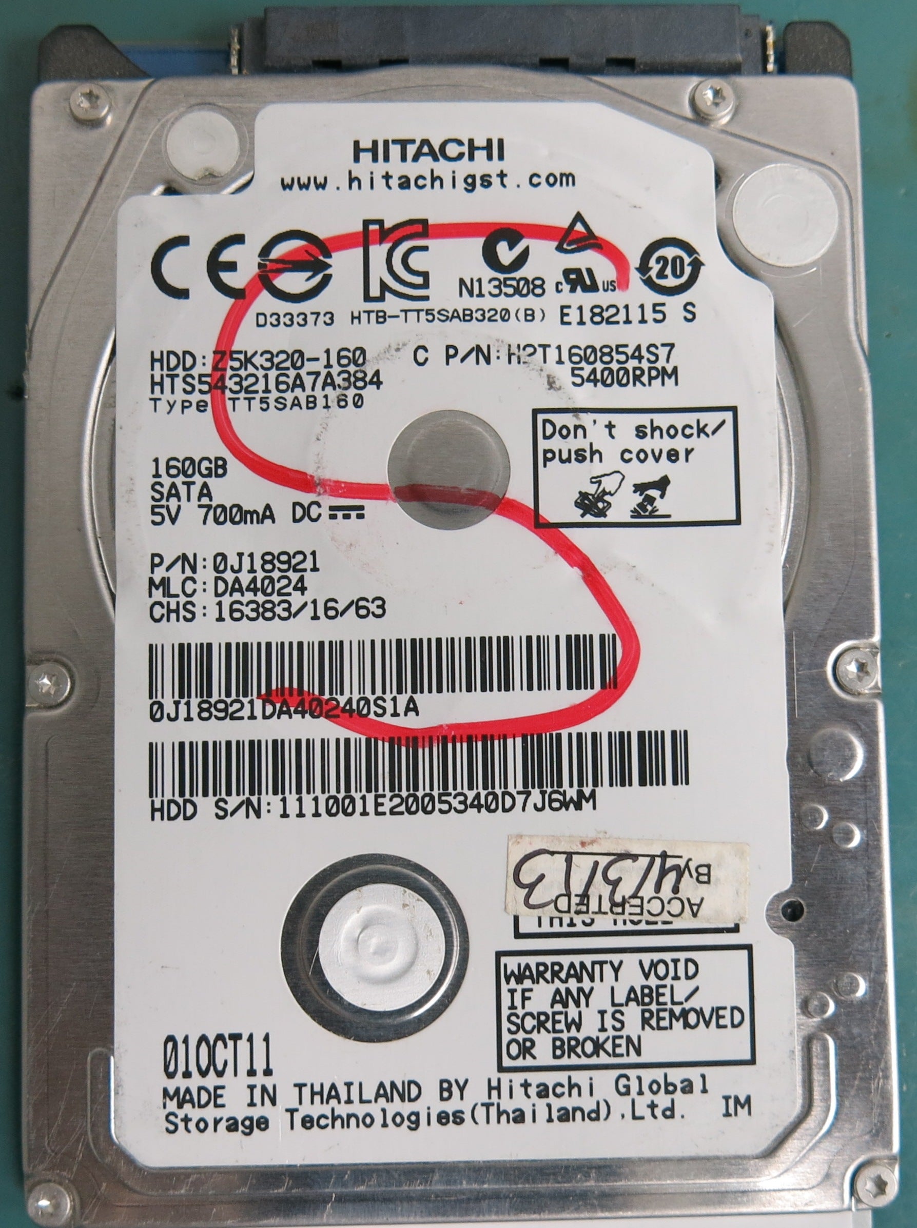 HTS543216A7A384, Serial Number: 111001E2005340D7J6WM, P/N: 0J18921, MLC: DA4024, 160GB 2.5