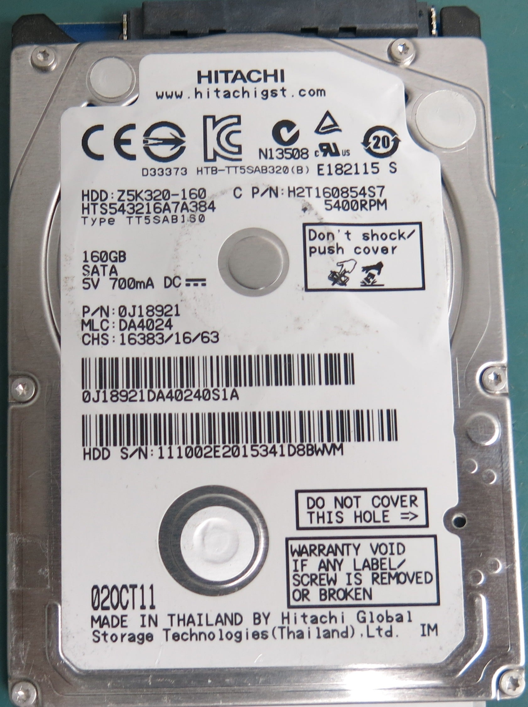 HTS543216A7A384, Serial Number: 111002E2015341D8BWVM, P/N: 0J18921, MLC: DA4024, 160GB 2.5