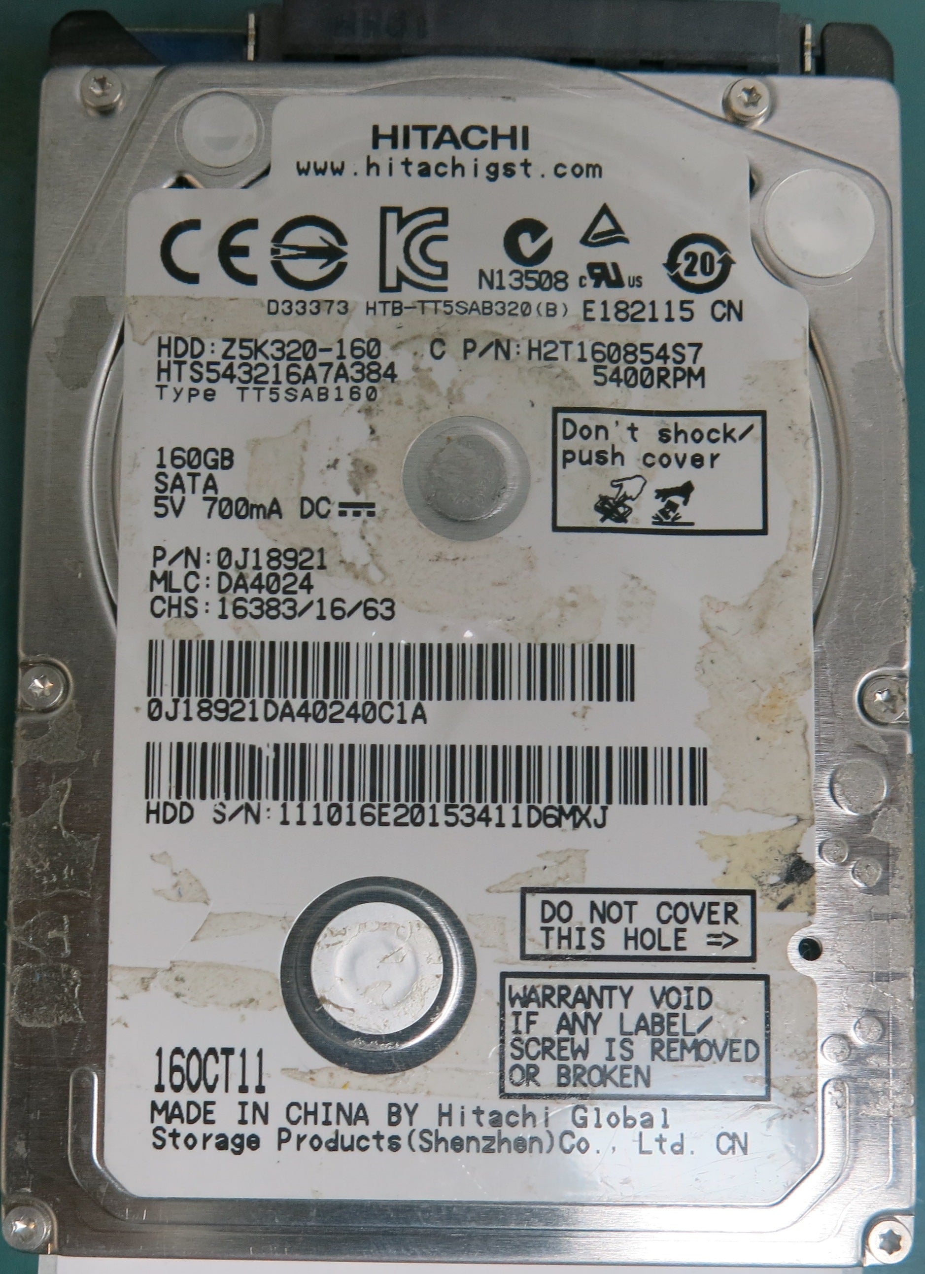 HTS543216A7A384, Serial Number: 111016E20153411D6MXJ, P/N: 0J18921, MLC: DA4024, 160GB 3.5,
