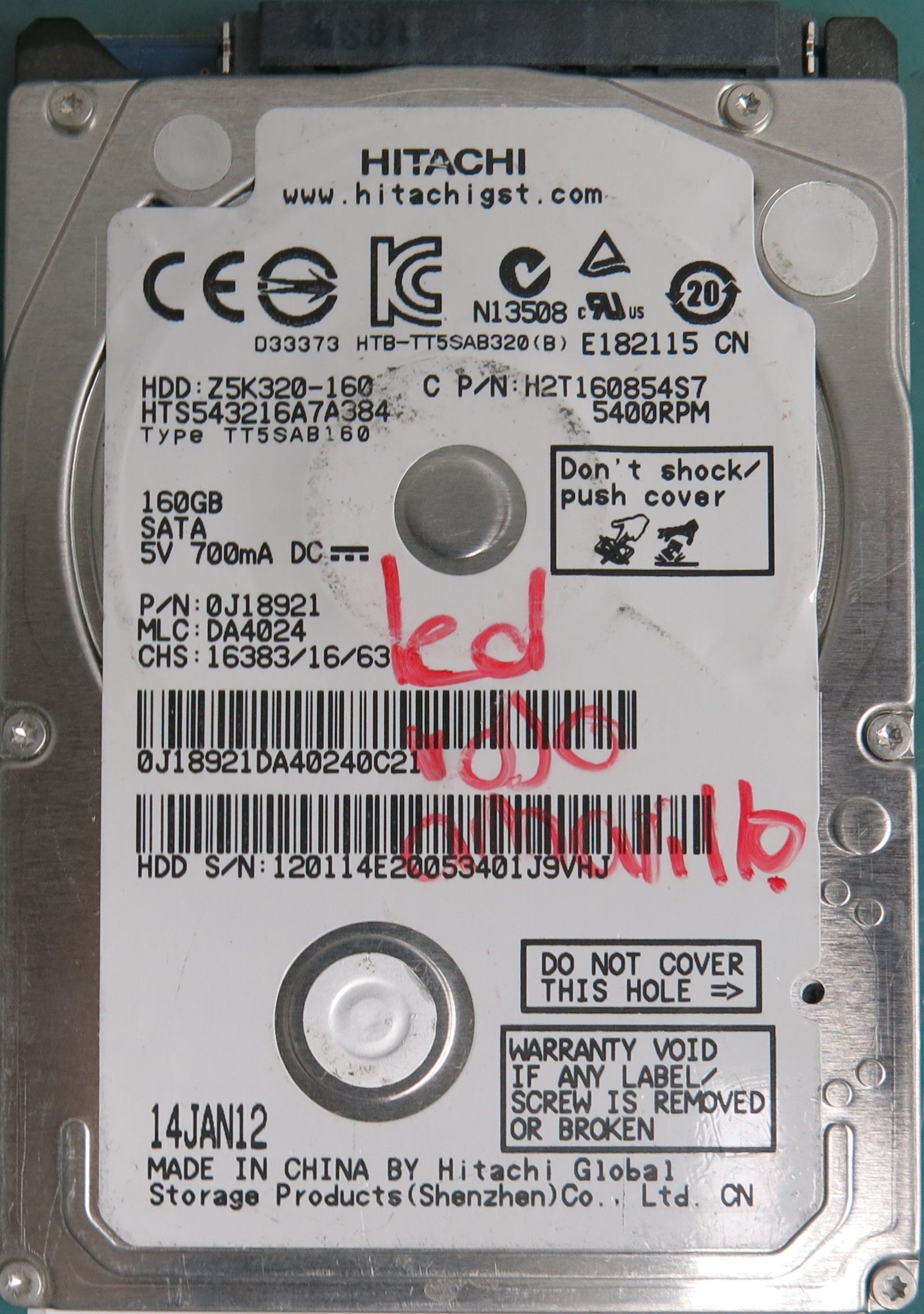HTS543216A7A384, Serial Number: 120114E20053401J9VHJ, P/N: 0J18921, MLC: DA4024, 160GB 2.5, PCB: 220 0A90269 01