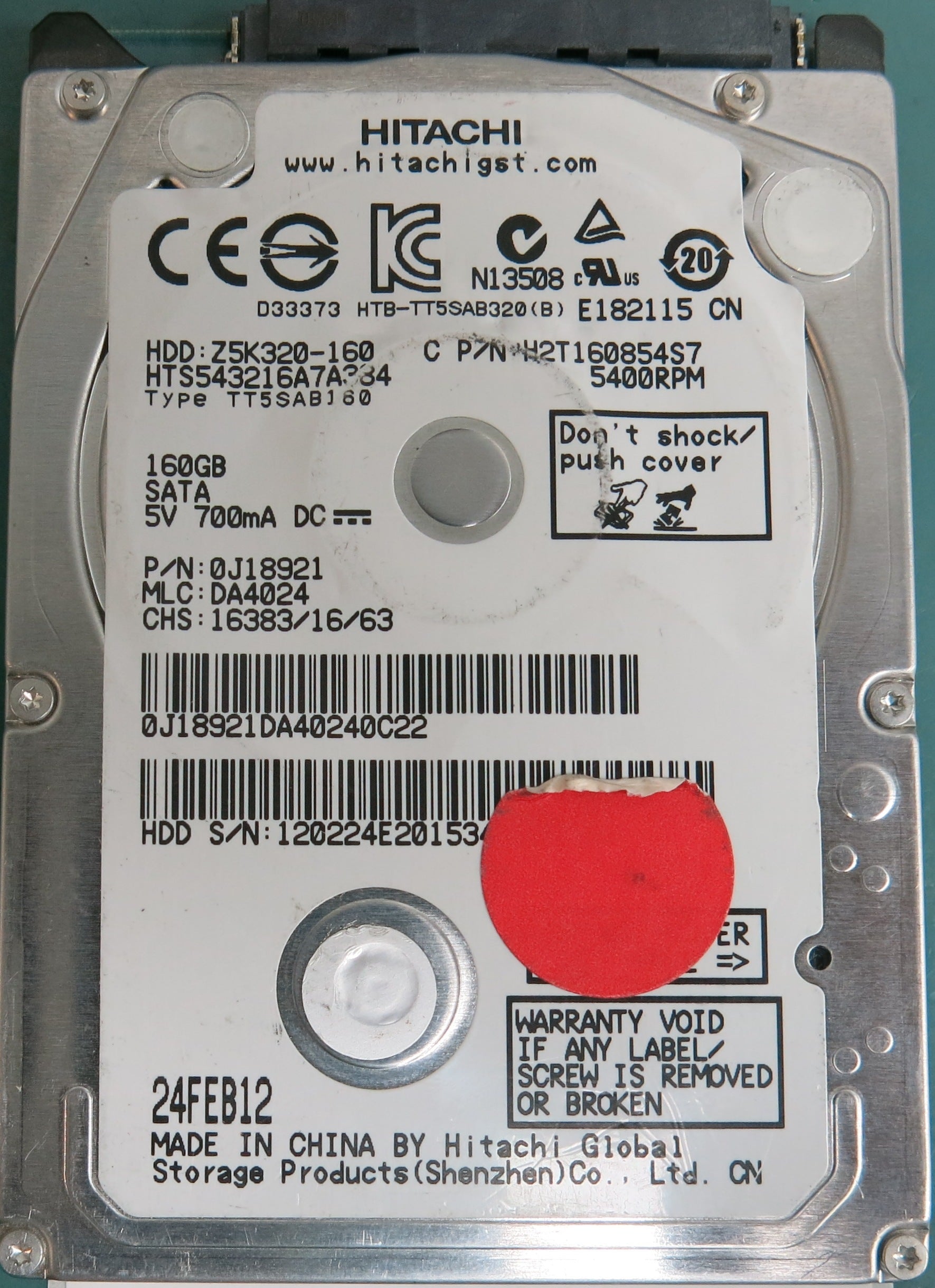 HTS543216A7A384, Serial Number: 120224E201534, P/N: 0J18921, MLC: DA4024, 160GB 2.5