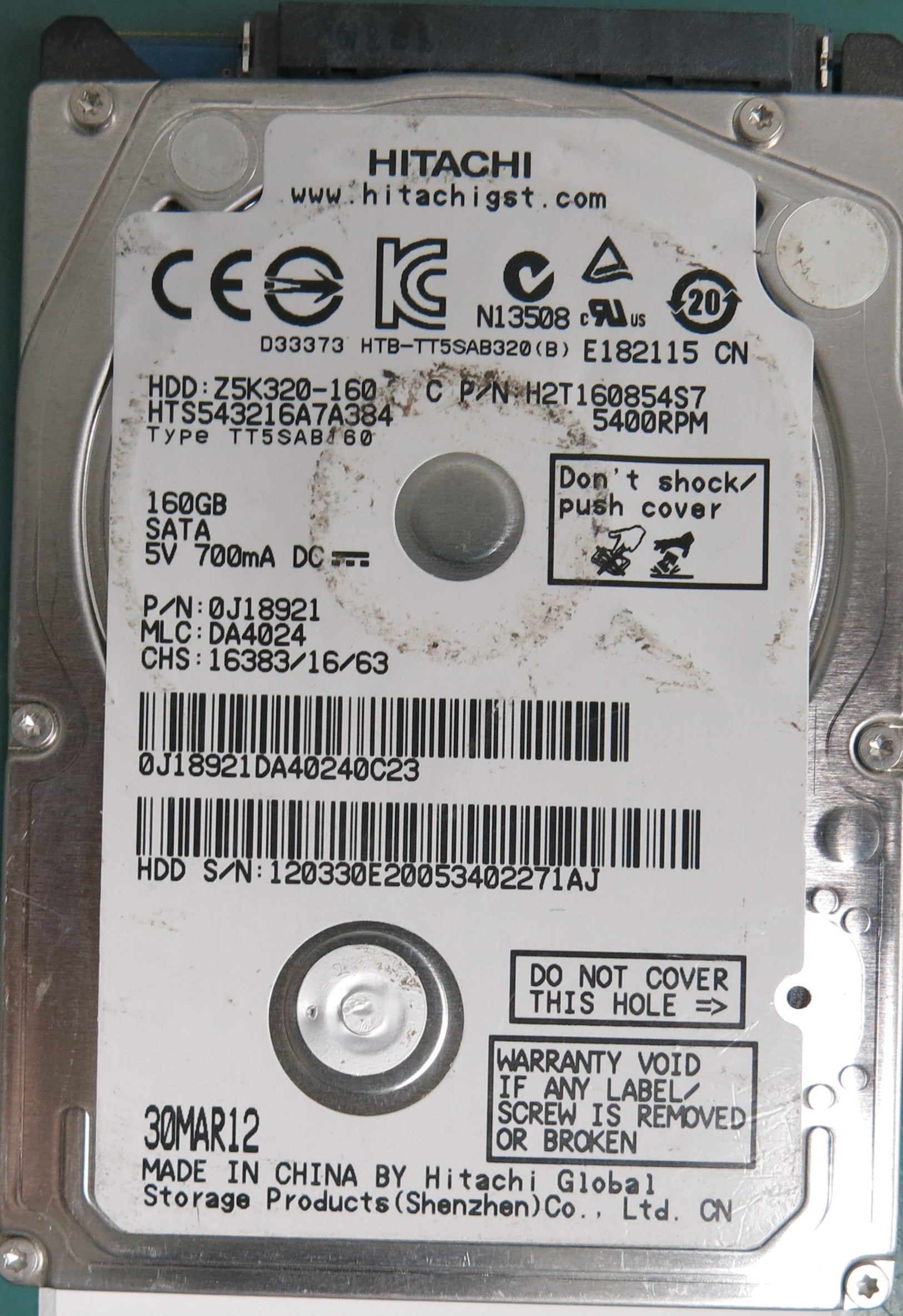 HTS543216A7A384, Serial Number: 120330E20053402271AJ, P/N: 0J18921, MLC: DA4024, 160GB 2.5, PCB: 220 0A90269 01