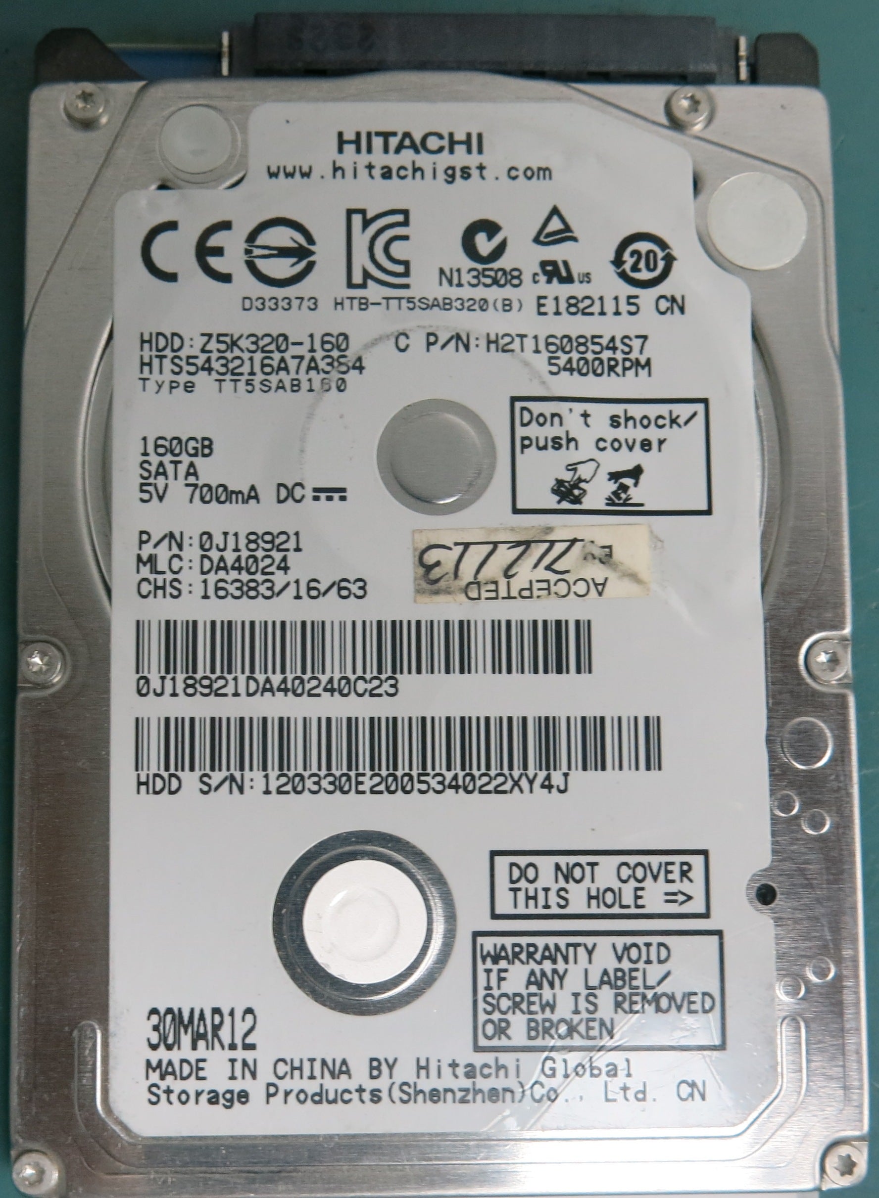 HTS543216A7A384, Serial Number: 120330E200534022XY4J, P/N: 0J18921, MLC: DA4024, 160GB 2.5