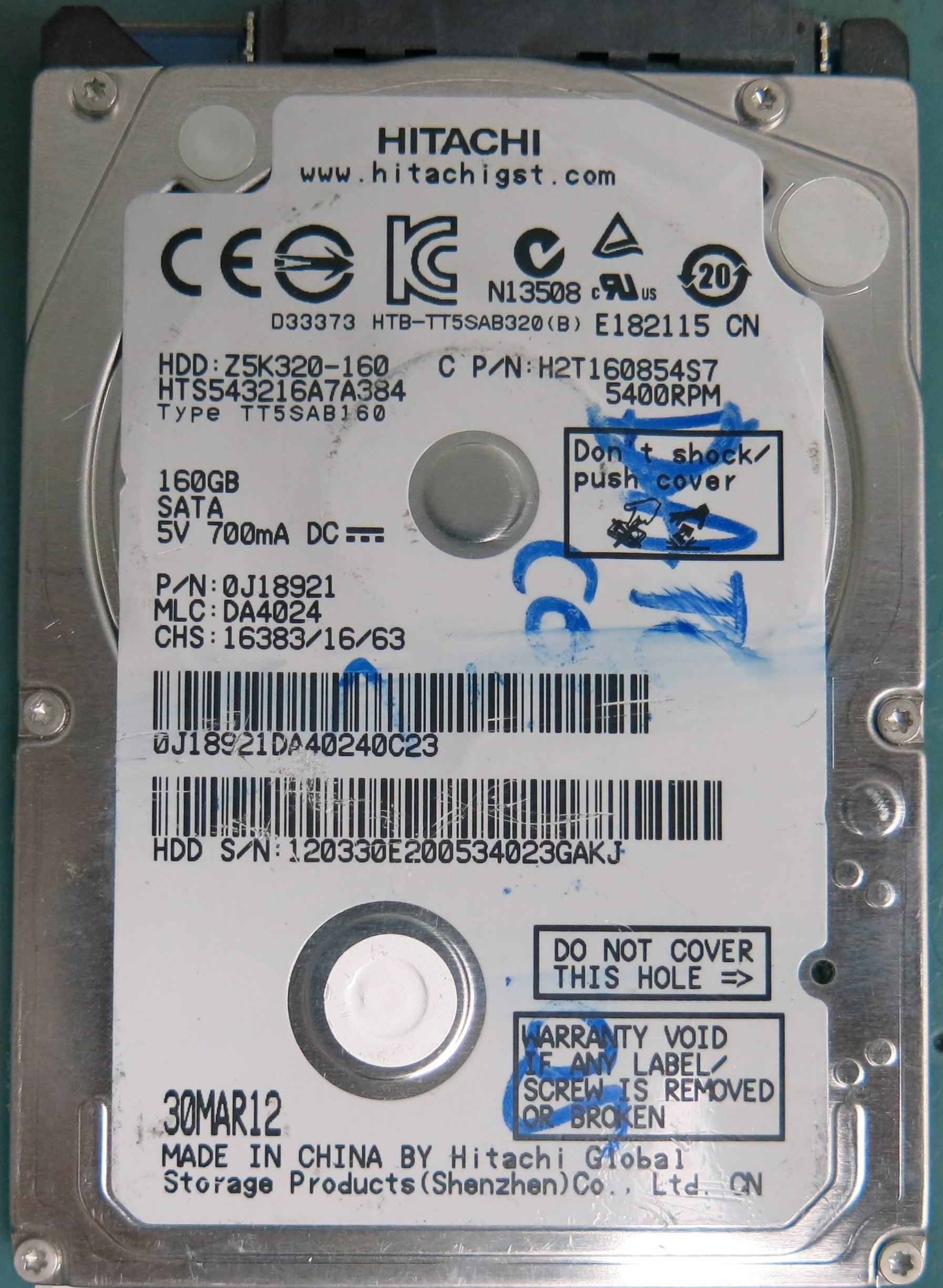 HTS543216A7A384, Serial Number: 120330E200534023GAKJ, P/N: 0J18921, MLC: DA4024, 160GB 2.5, PCB: 220 0A90269 01