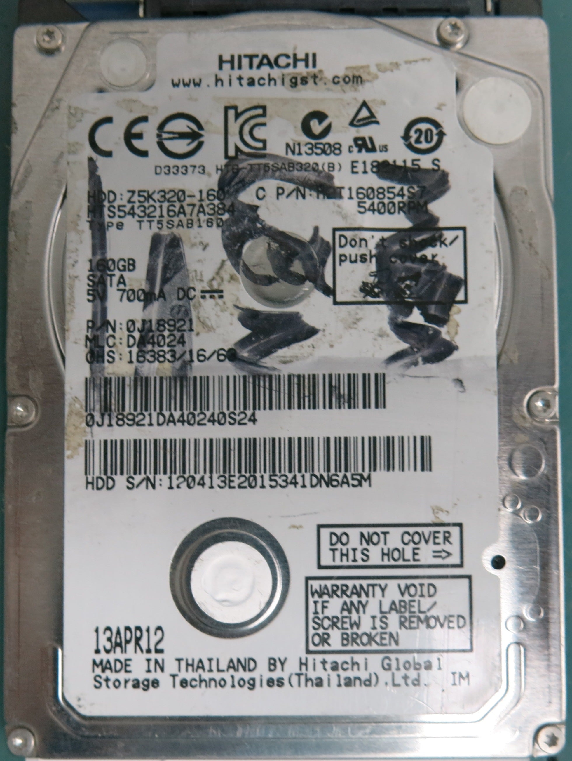 HTS543216A7A384, Serial Number: 120413E2015341DN6A5M, P/N: 0J18921, MLC: DA4024, 160GB 2.5