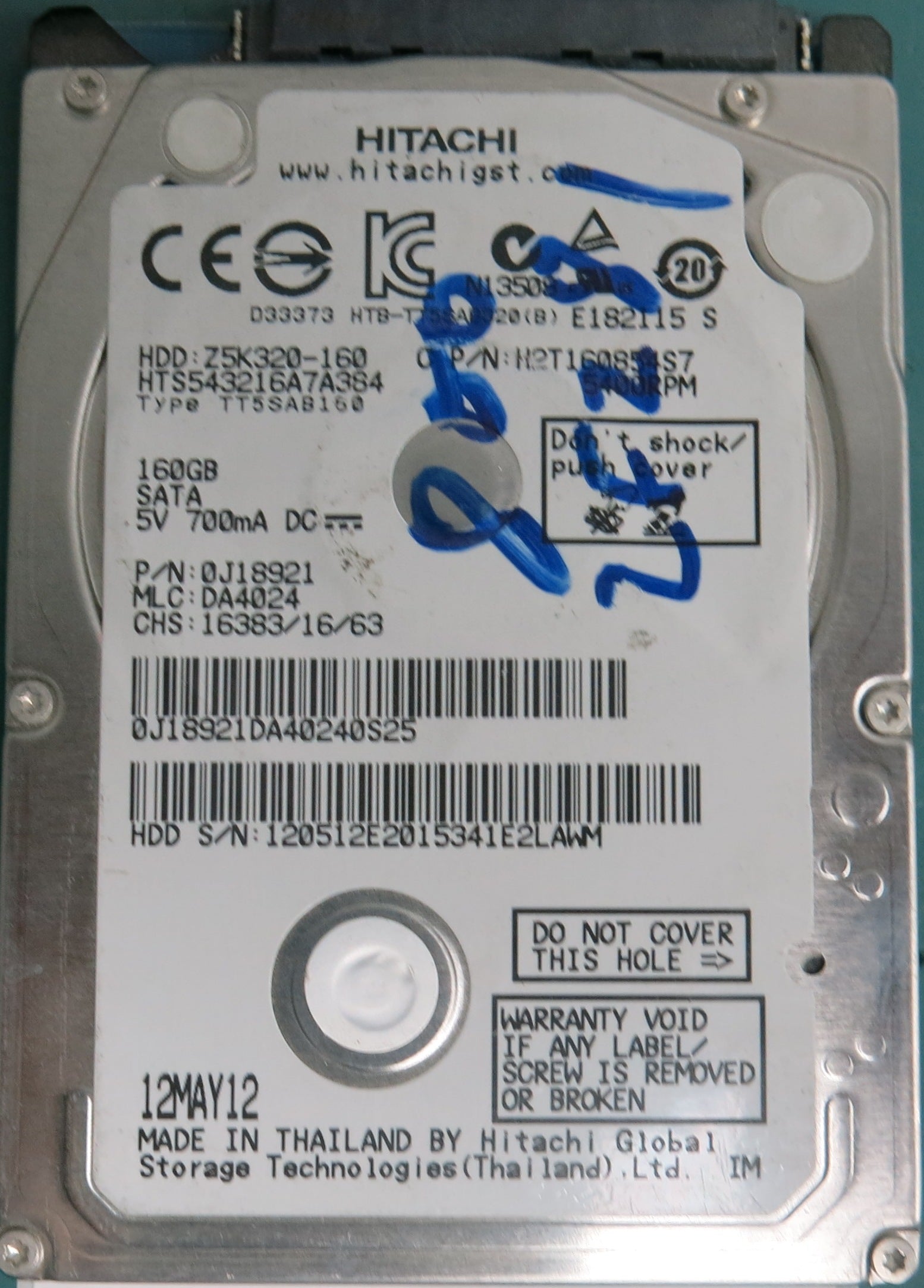 HTS543216A7A384, Serial Number: 120512E2015341E2LAWM, P/N: 0J18921, MLC: DA4024, 160GB 2.5, PCB: 220 0A90269 01
