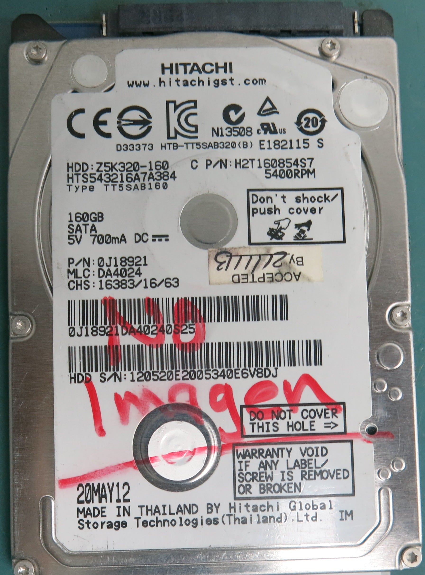 HTS543216A7A384, Serial Number: 120520E2005340E6V8DJ, P/N: 0JI8921, MLC: DA4024, 160GB 3.5