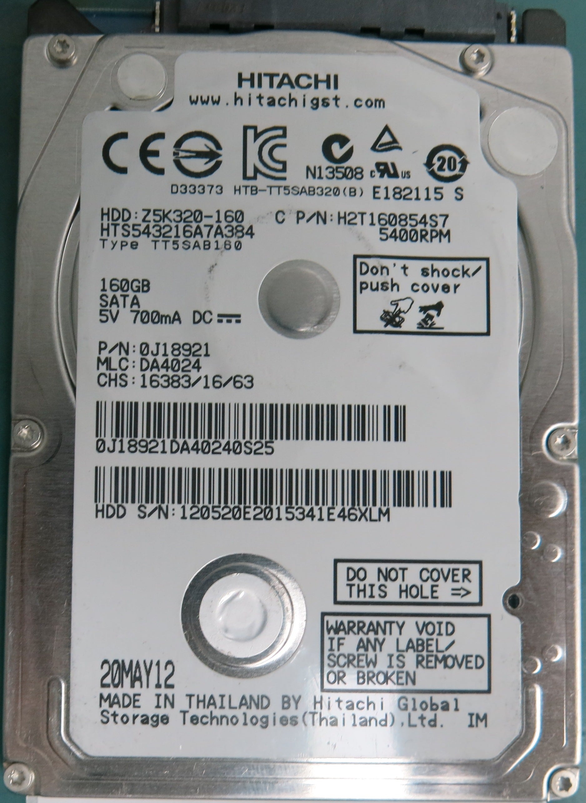 HTS543216A7A384, Serial Number: 120520E2015341E46XLM, P/N: 0J18921, MLC: DA4024, 160GB 2.5