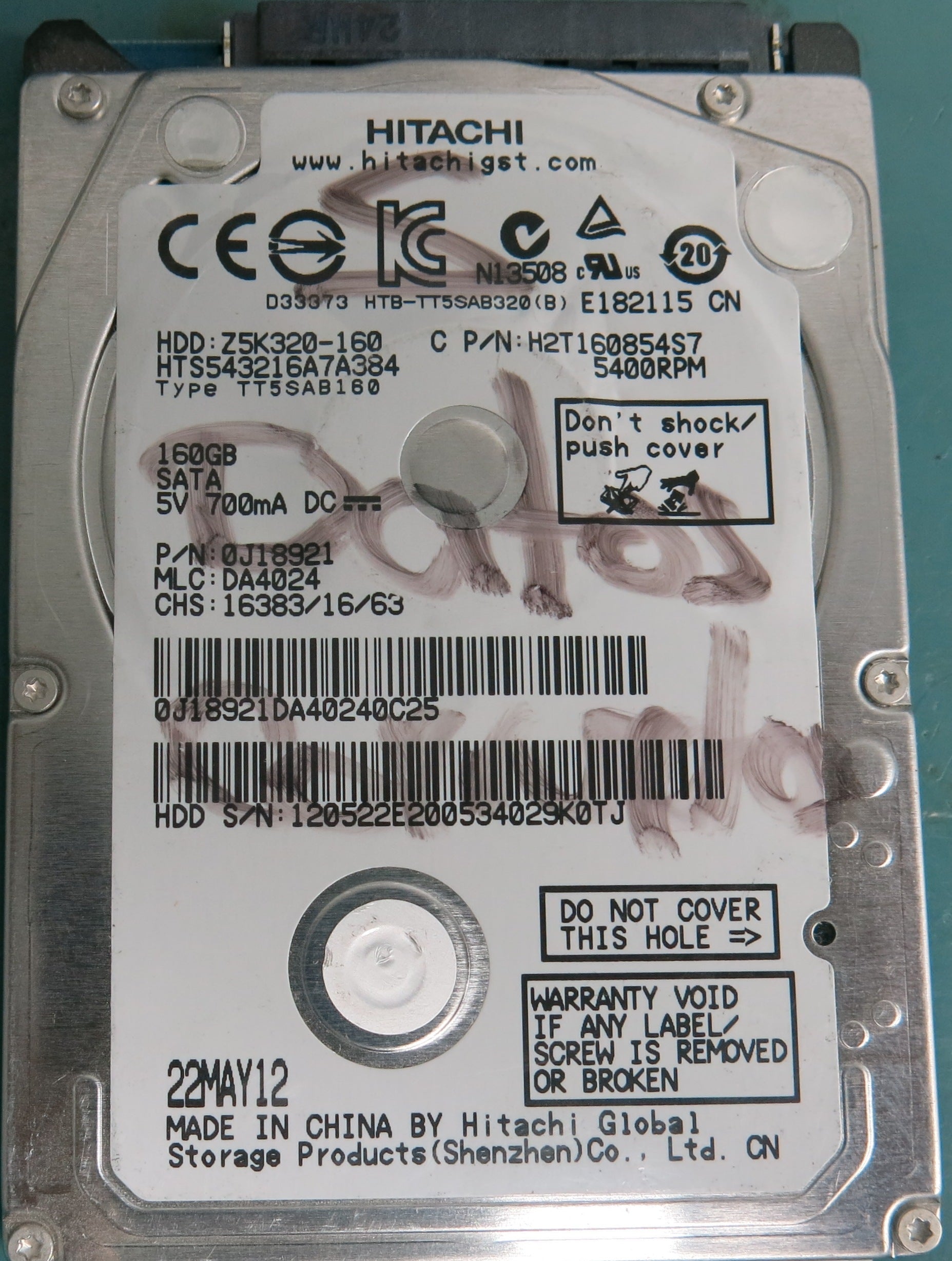 HTS543216A7A384, Serial Number: 120522E200534029K0TJ, P/N: 0J18921, MLC: DA4024, 160GB 2.5, PCB: 220 0A90269 01