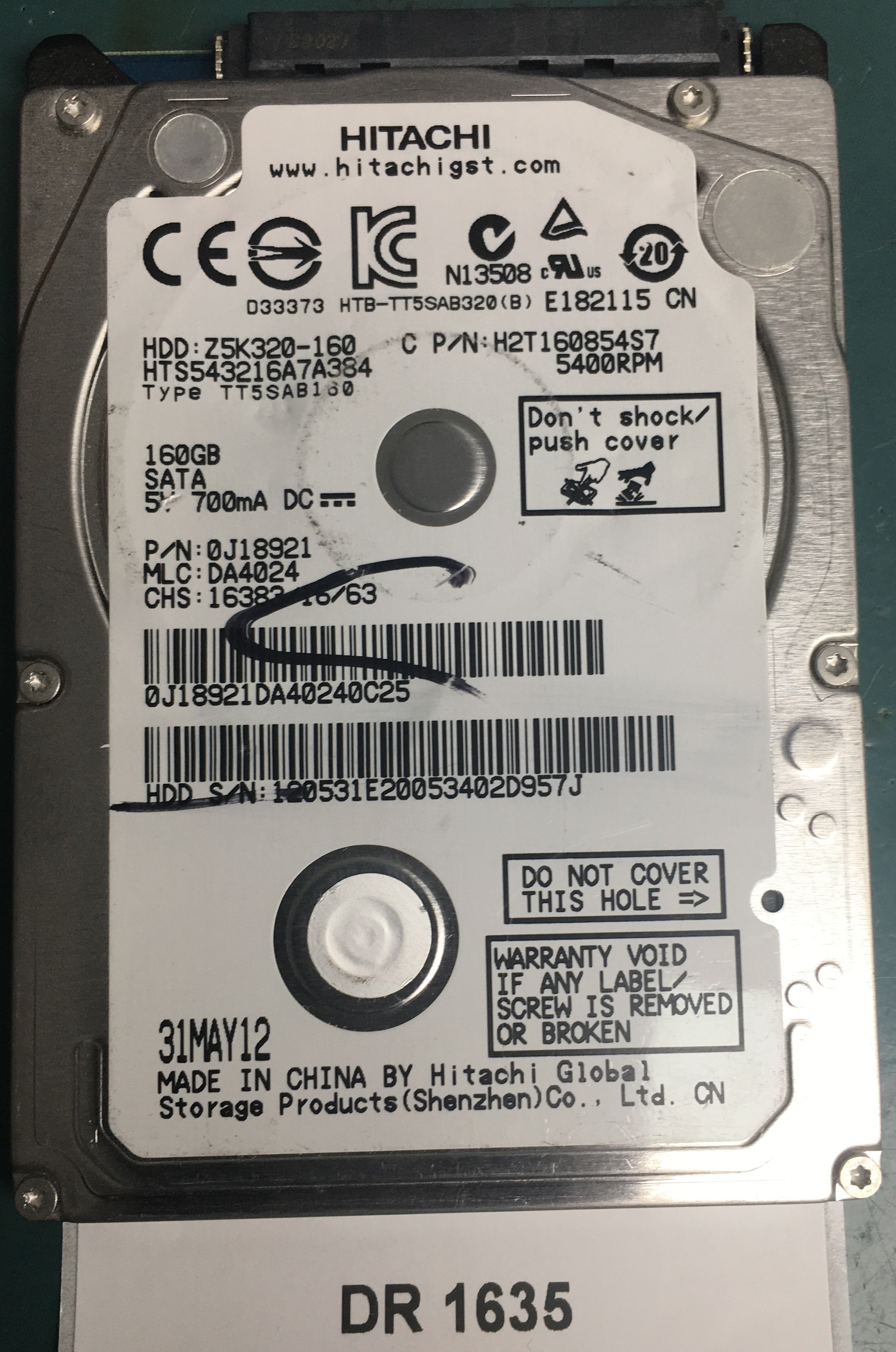 HTS543216A7A384, Serial Number: 120531E20053402D957J, P/N: 0J18921, MLC: DA4024, 160GB 2.5