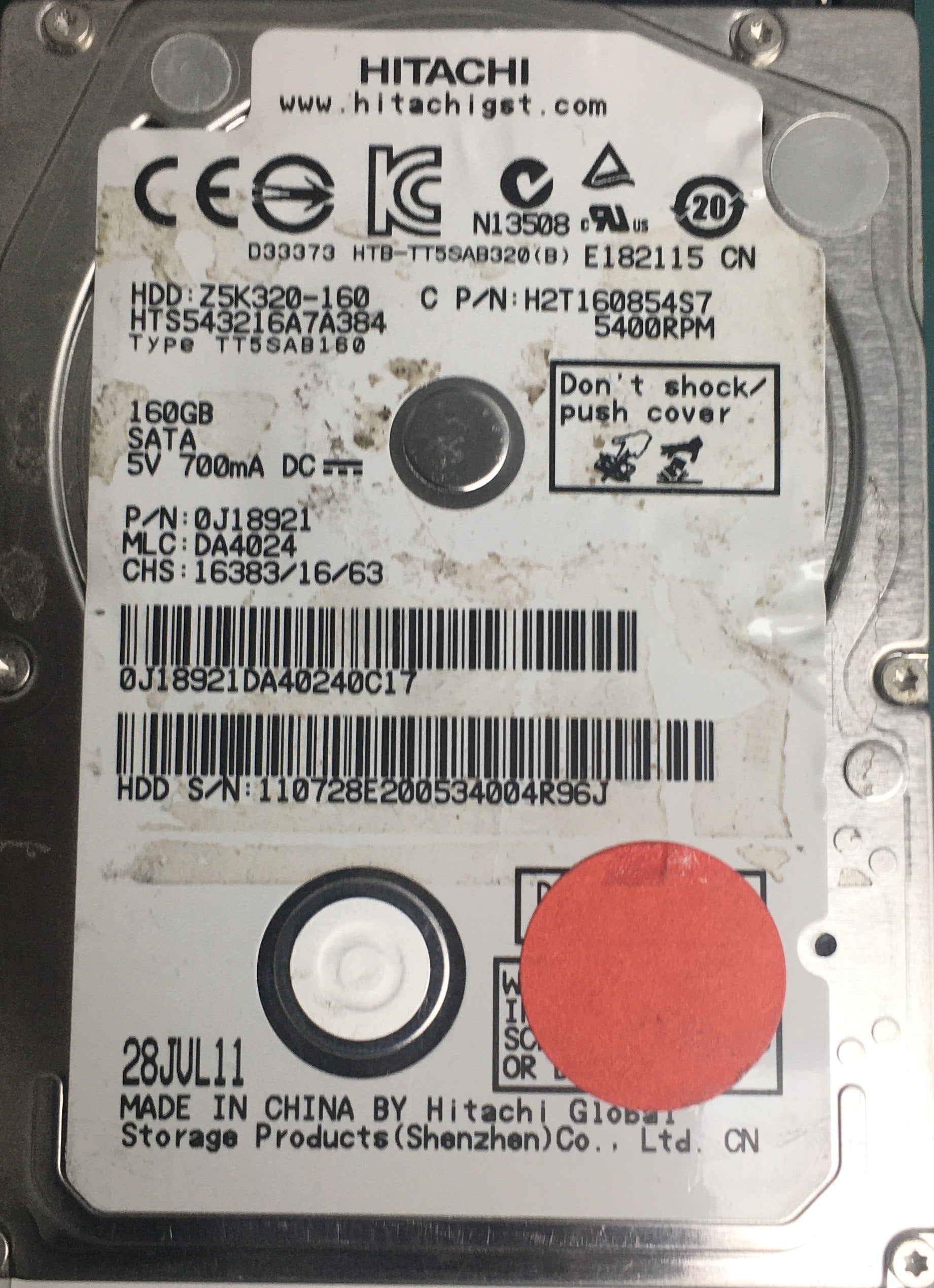 HTS543216A7A384, P/N 0J18921, MLC  DA4024, 160GB 2.5