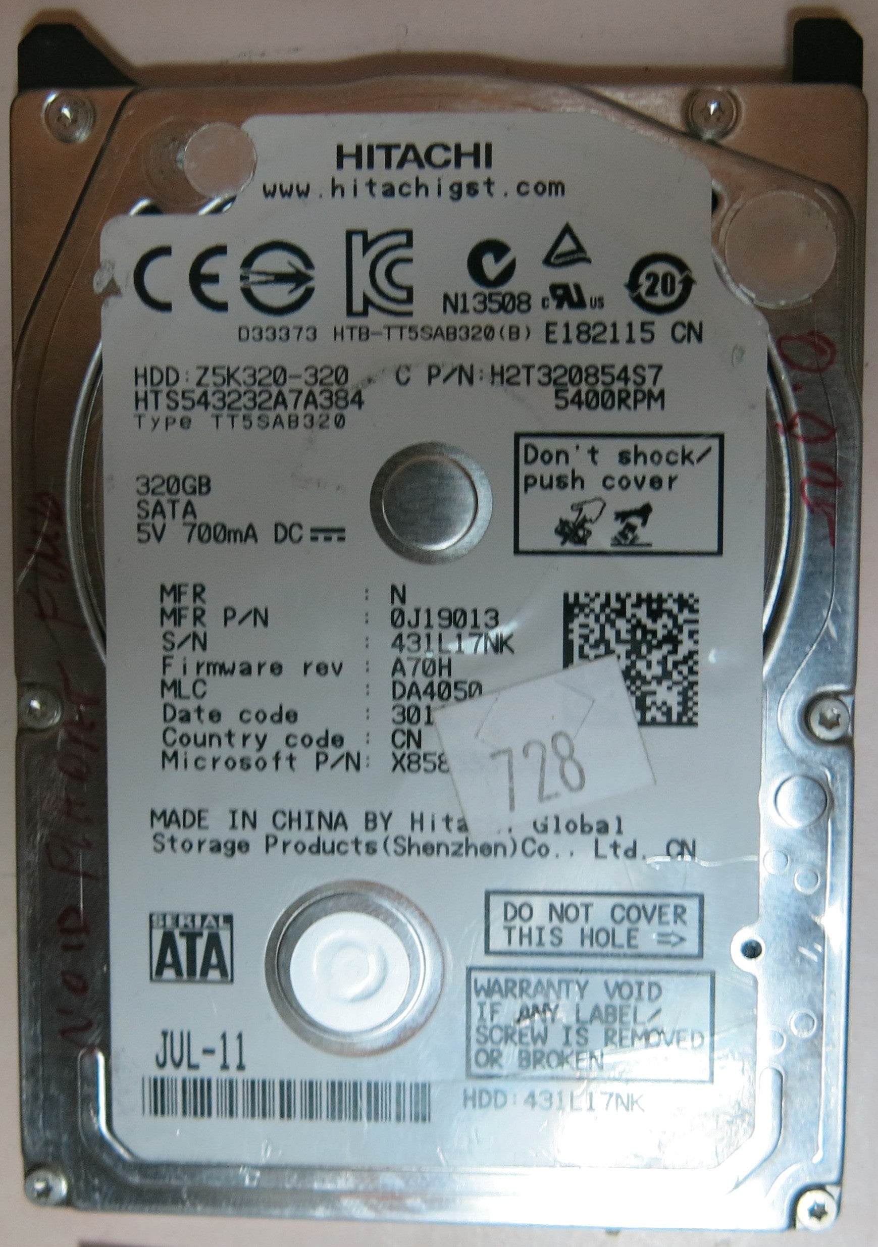 HTS543232A7A384, PN 0J19013, MLC DA4050, 220 0A90269 01 PCB