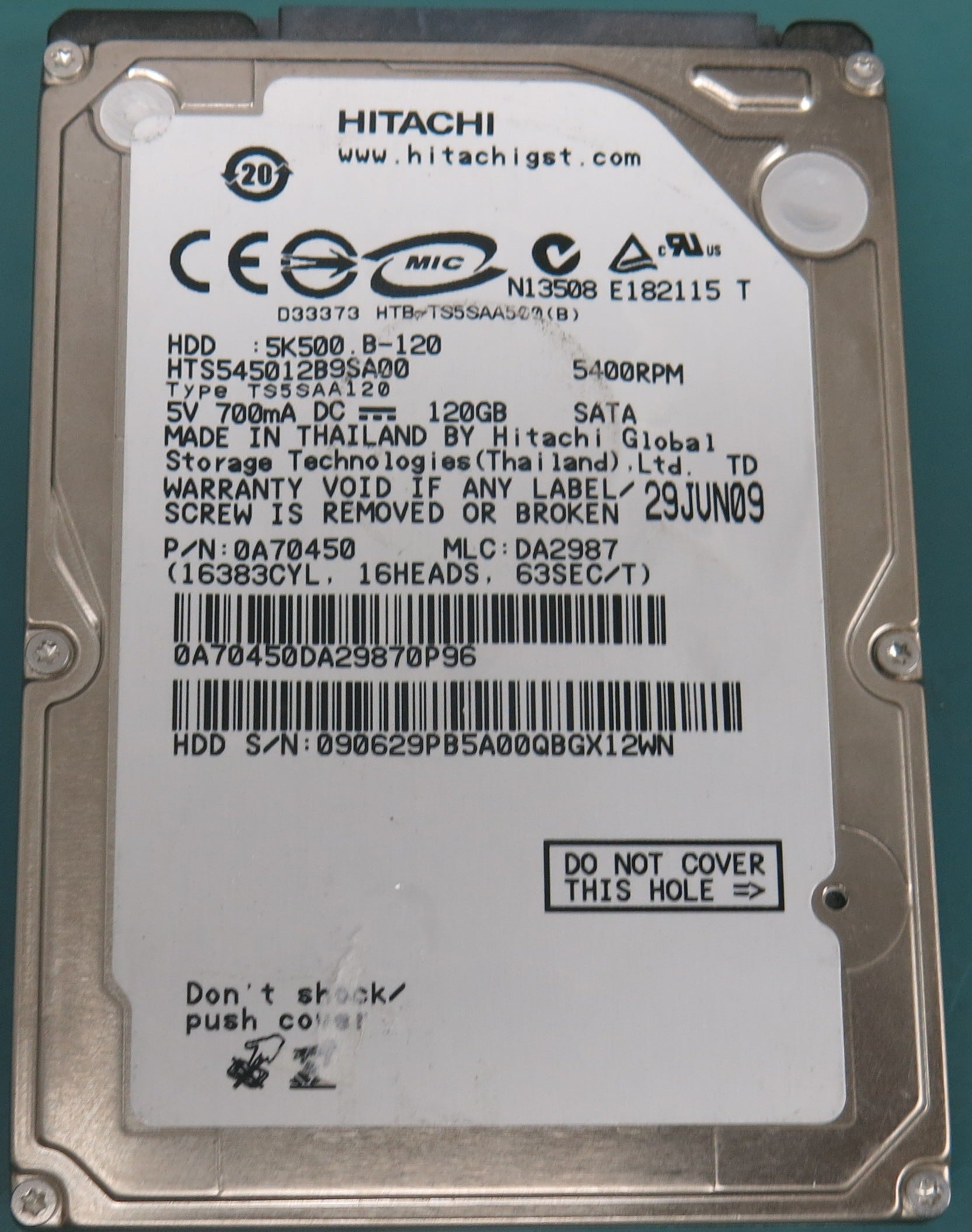HTS545012B9SA00, P/N: 0A70450, MLC:  DA2987, 120GB 2.5