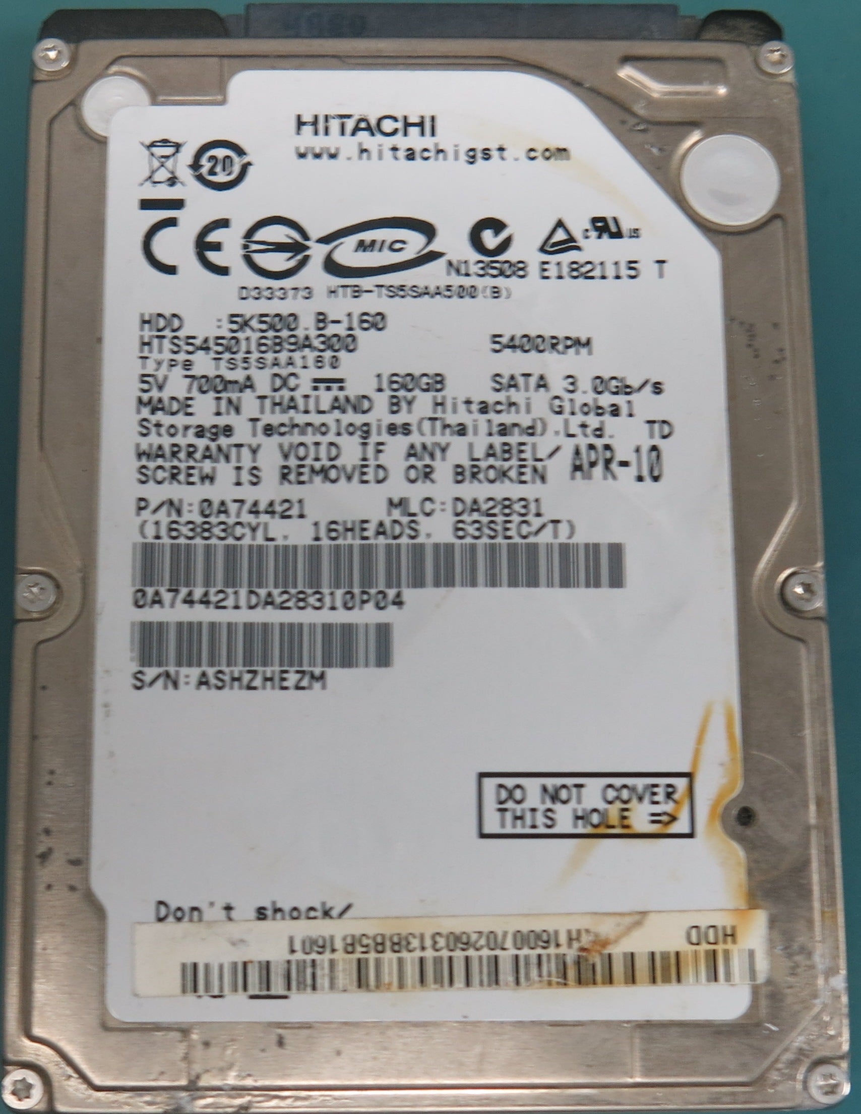 HTS545016B9A300, P/N: 0A74421, MLC:  DA2831, 160GB 2.5