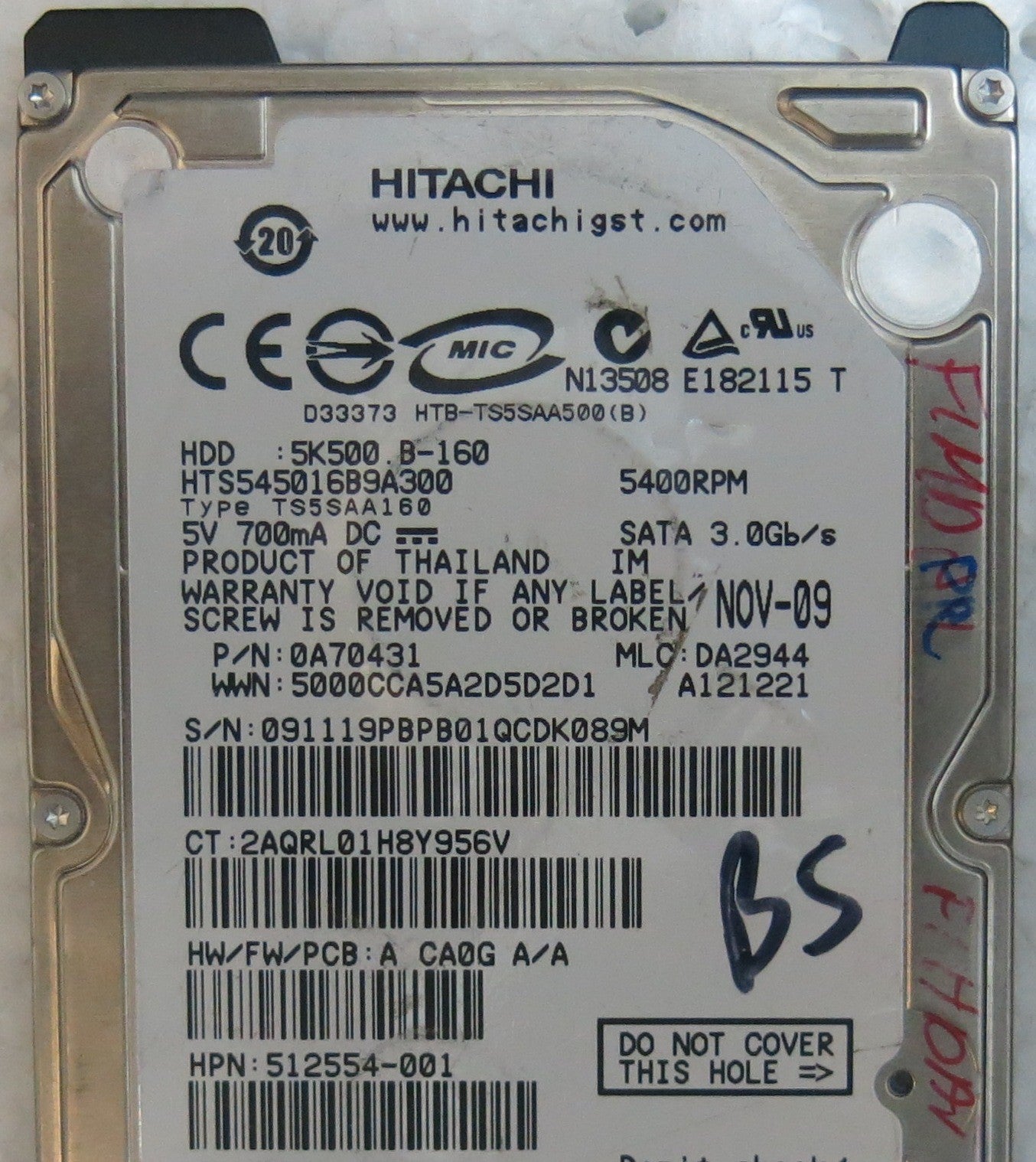 HTS545016B9SA00 PN 0A70431 MLC DA2944 220 0A90161 01 PCB
