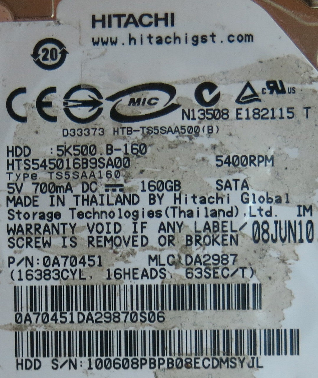 HTS545016B9SA00, PN 0A70451, MLC DA2987, 220 0A90151 01 PCB