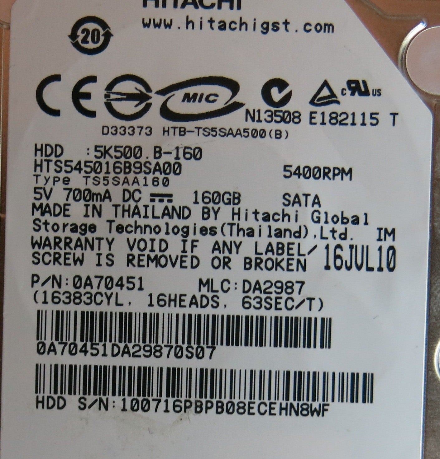 HTS545016B9SA00, PN 0A70451, MLC DA2987, 220 0A90161 01 PCB