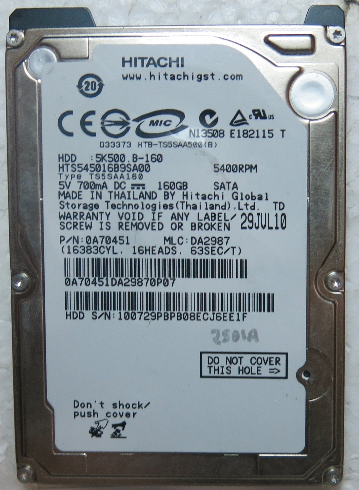 HTS545016B9SA00 PN 0A70451 MLC DA2987 220 OA90161 01 PCB