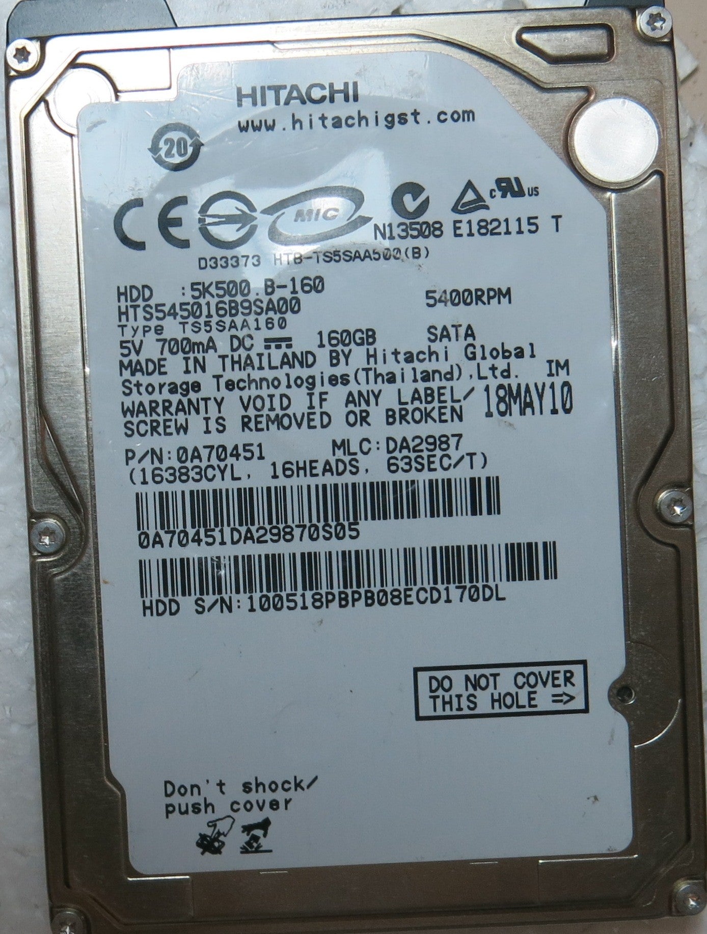 HTS545016B9SA00 PN 0A70451 MLC DA2987 220 OA90161 01 PCB