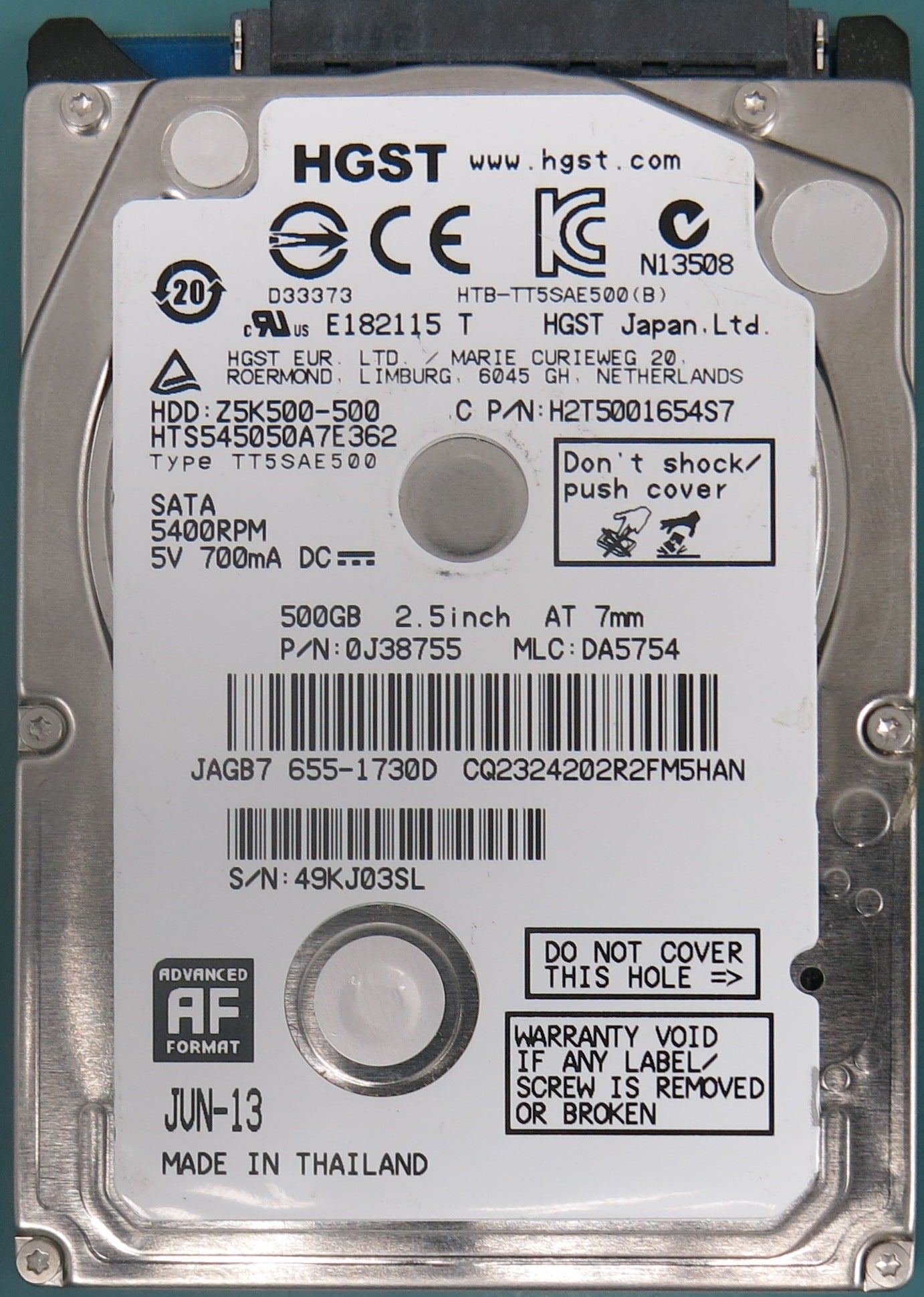 HTS545050A7E362, P/N: 0J38755, MLC: DA5754, 500GB 2.5