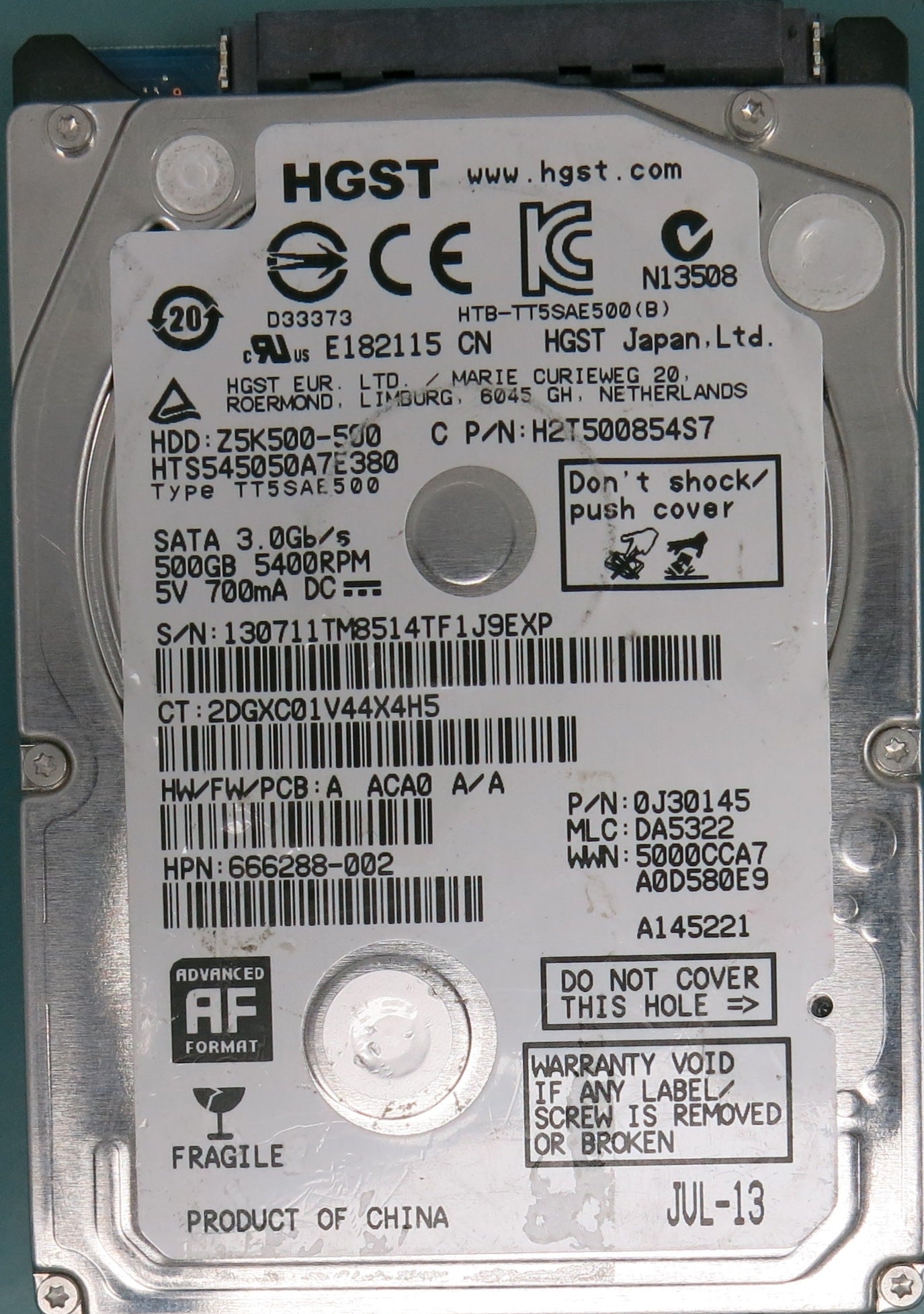 HTS545050A7E380, P/N: 0J30145, MLC: DA5322, 500GB 2.5
