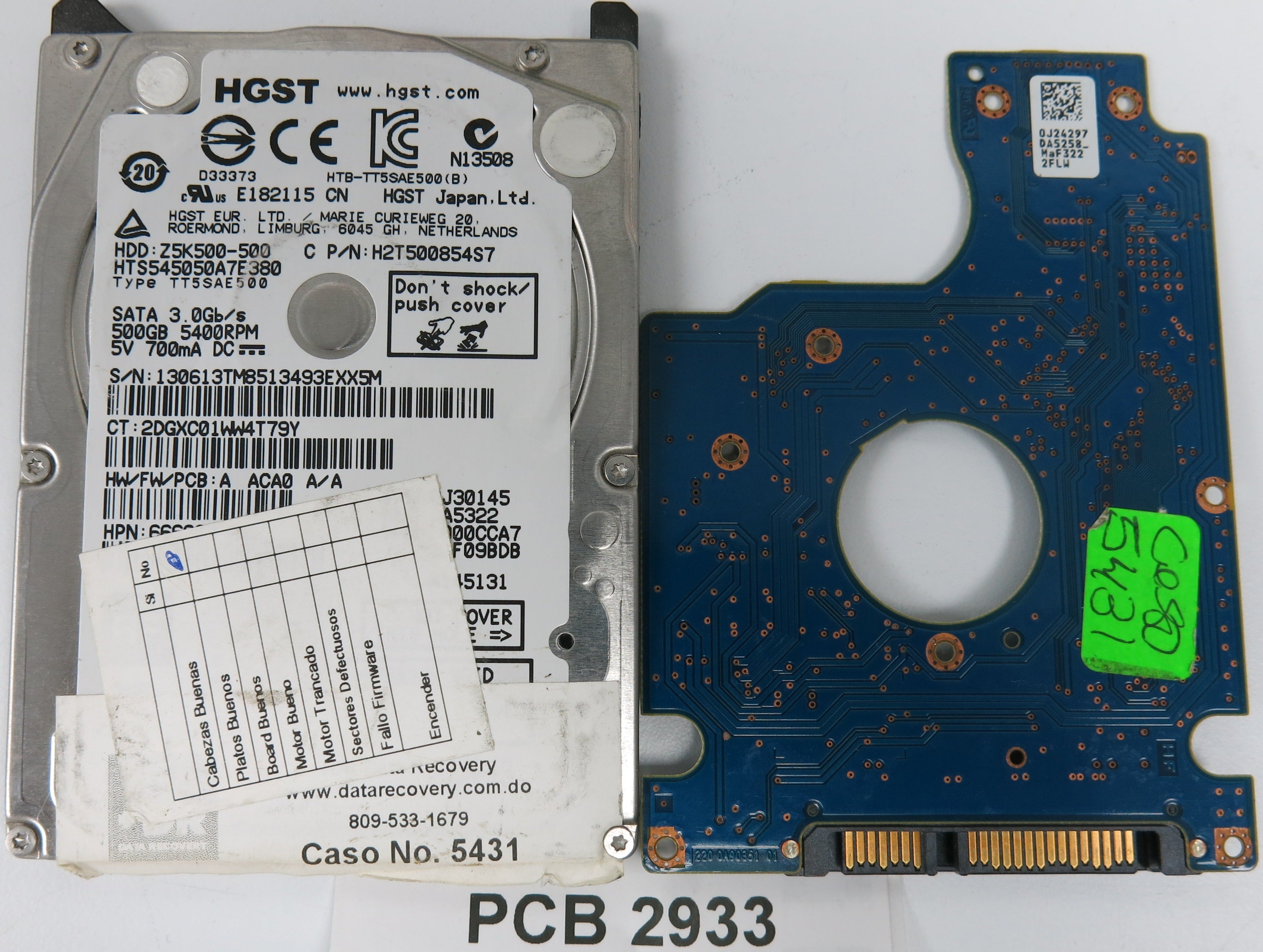 HTS545050A7E380, Serial Number: 130613TM8513493EXX5M, P/N: H2T500854S7, 500GB 3.5, PCB: 110 0A90351 01